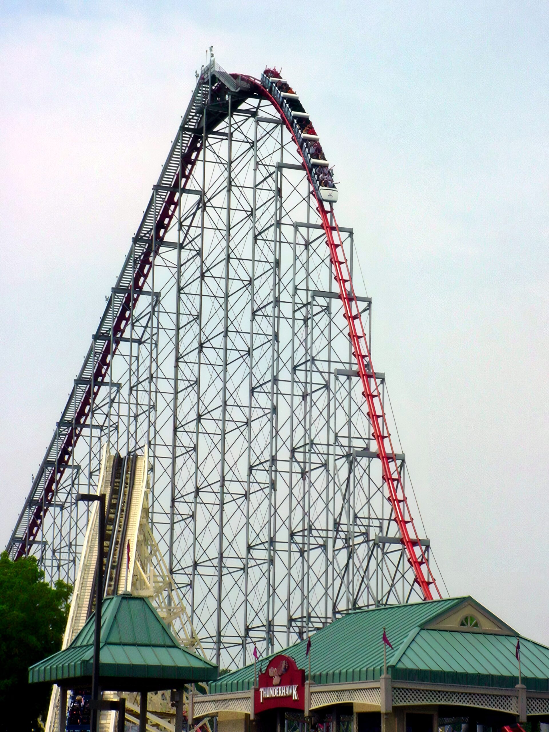 Steel Force's lift hill and first drop seen from below, July 2001