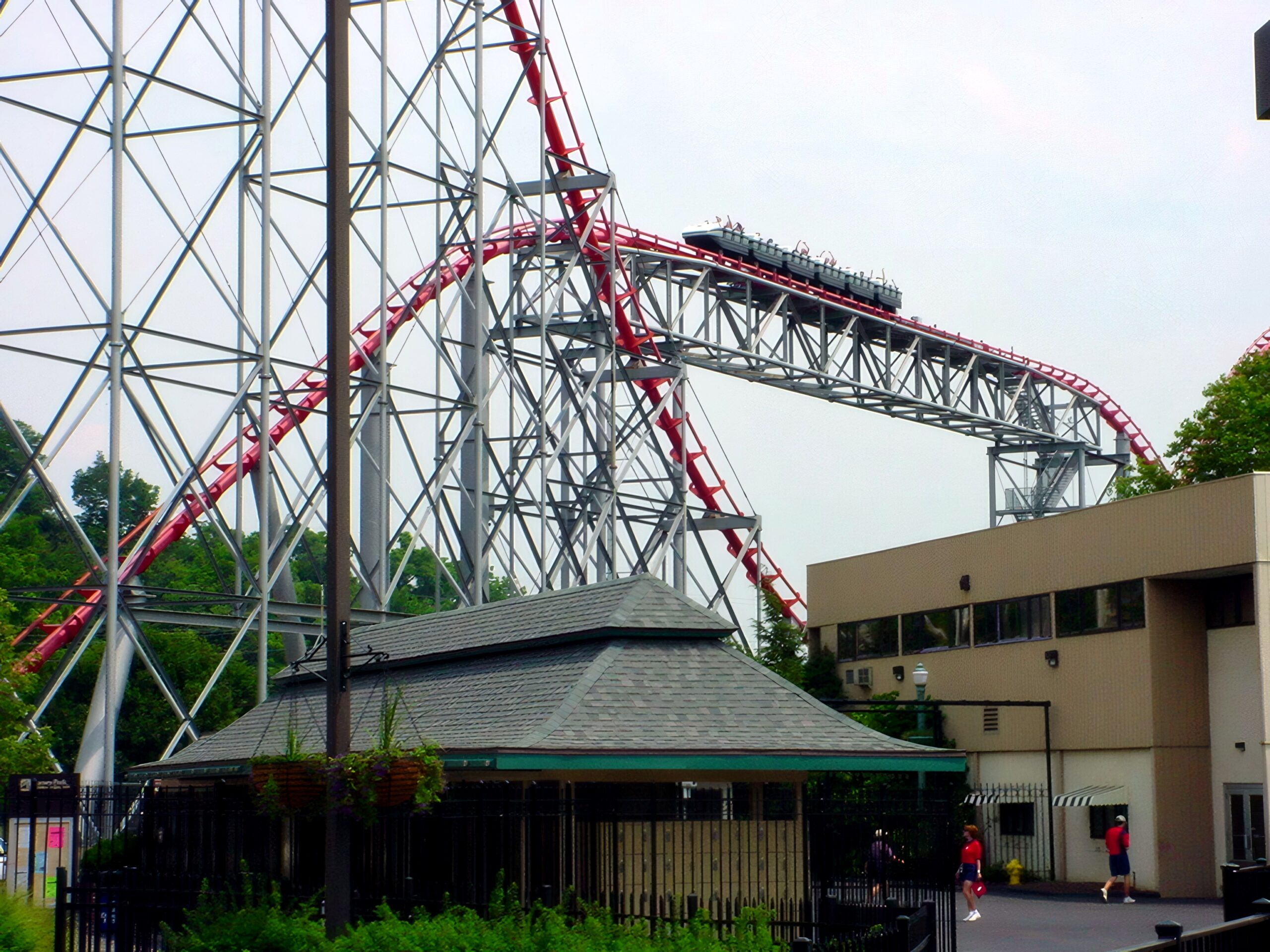 Steel Force's lift hill rising over the park buildings, July 2001