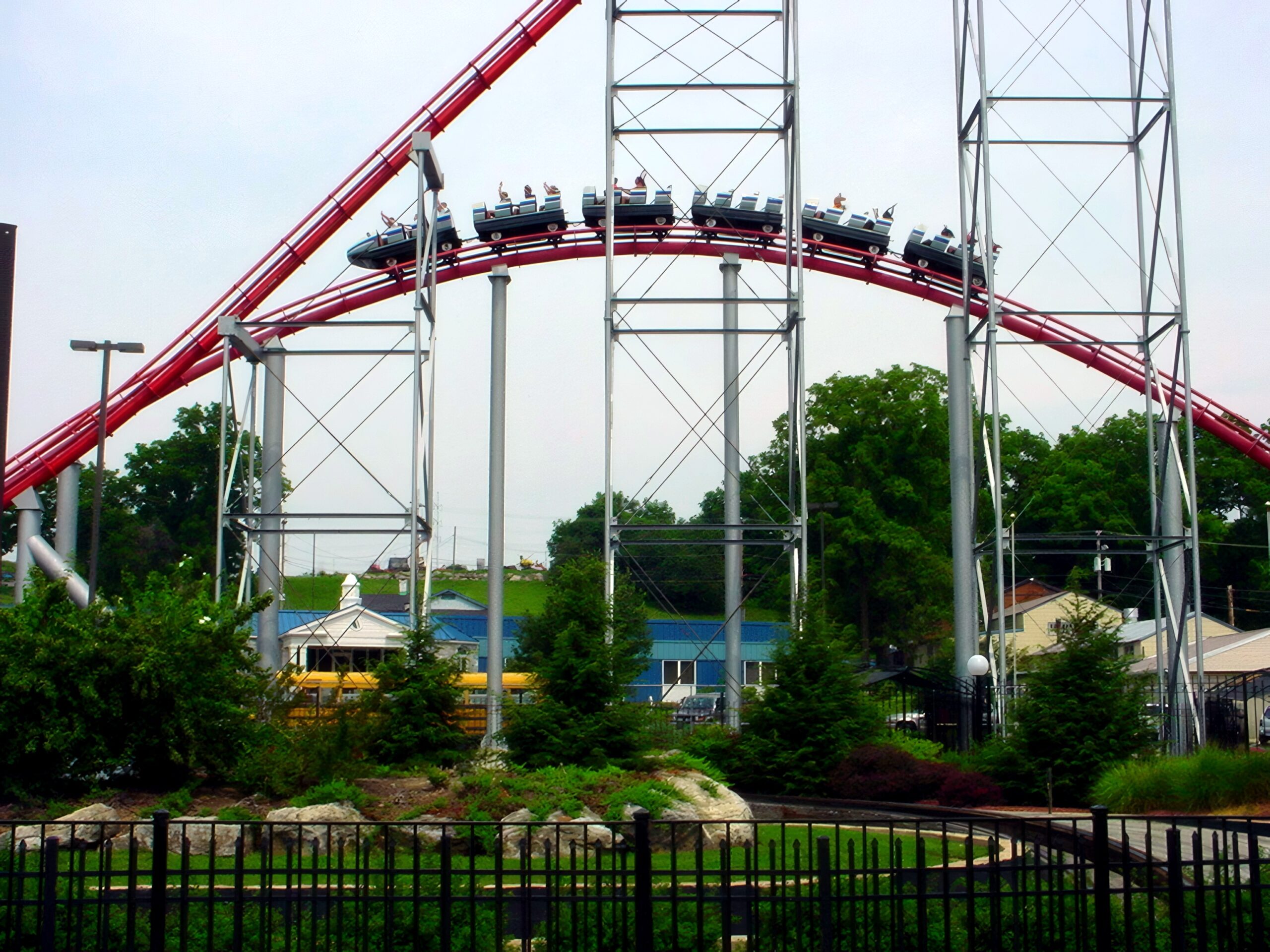 A Steel Force train cresting a camelback hill, July 2001