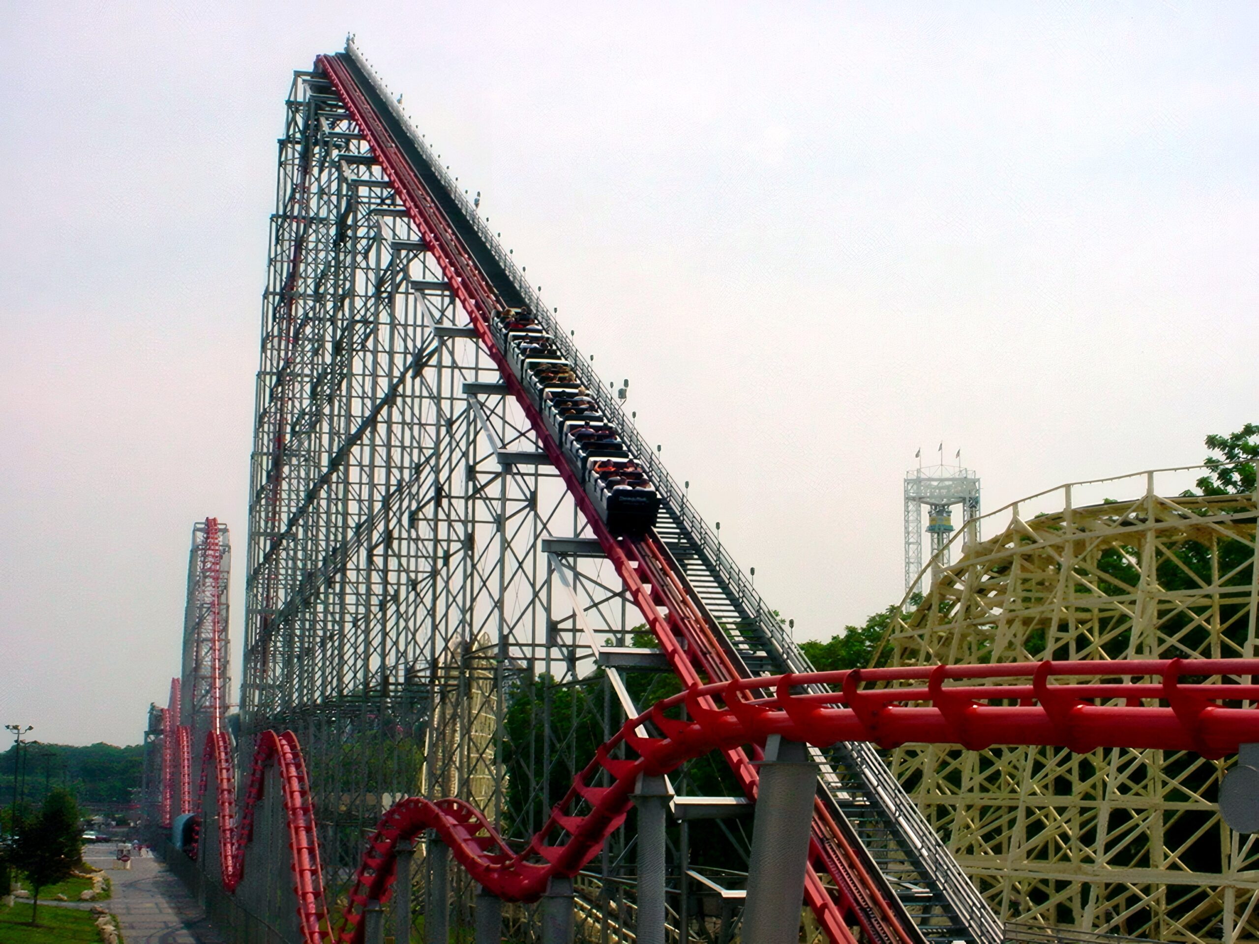 A Steel Force train riding the airtime hills, July 2001