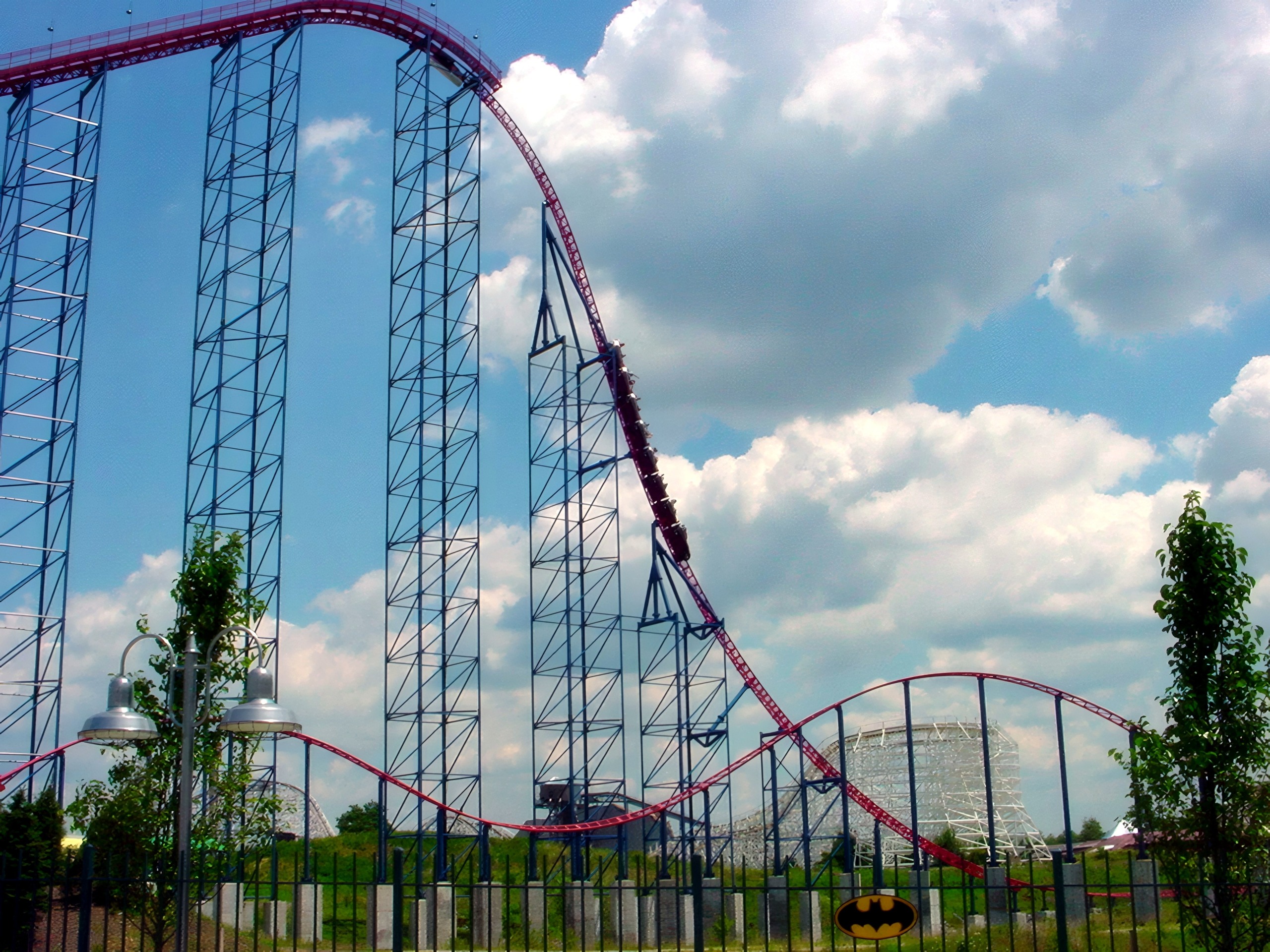 Superman: Ride of Steel's lift hill and first drop at Six Flags America, July 2001