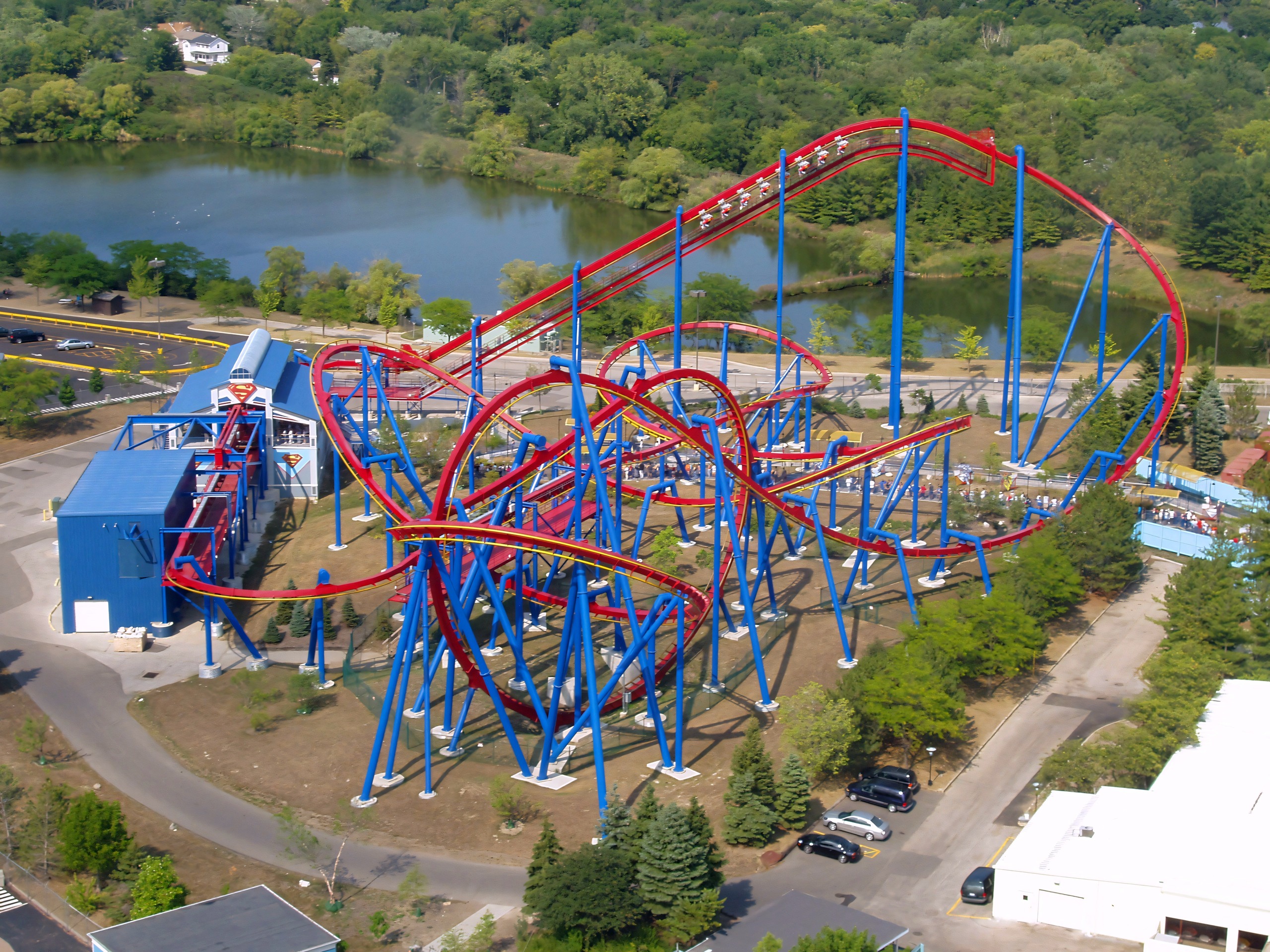 Superman: Ultimate Flight's red track and blue supports seen from above at Six Flags Great America, August 2005