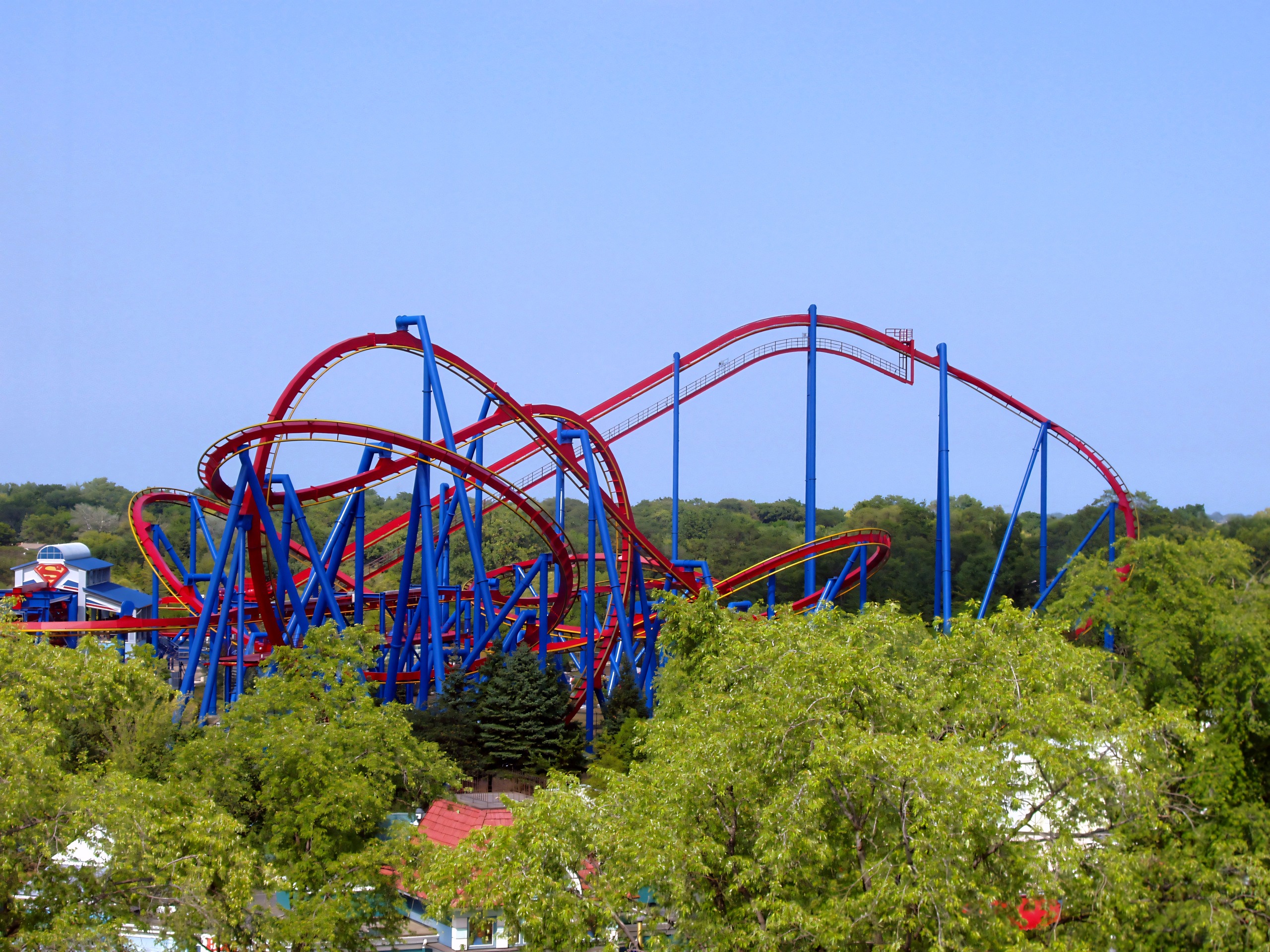 Superman: Ultimate Flight's red track above the station at Six Flags Great America, August 2005