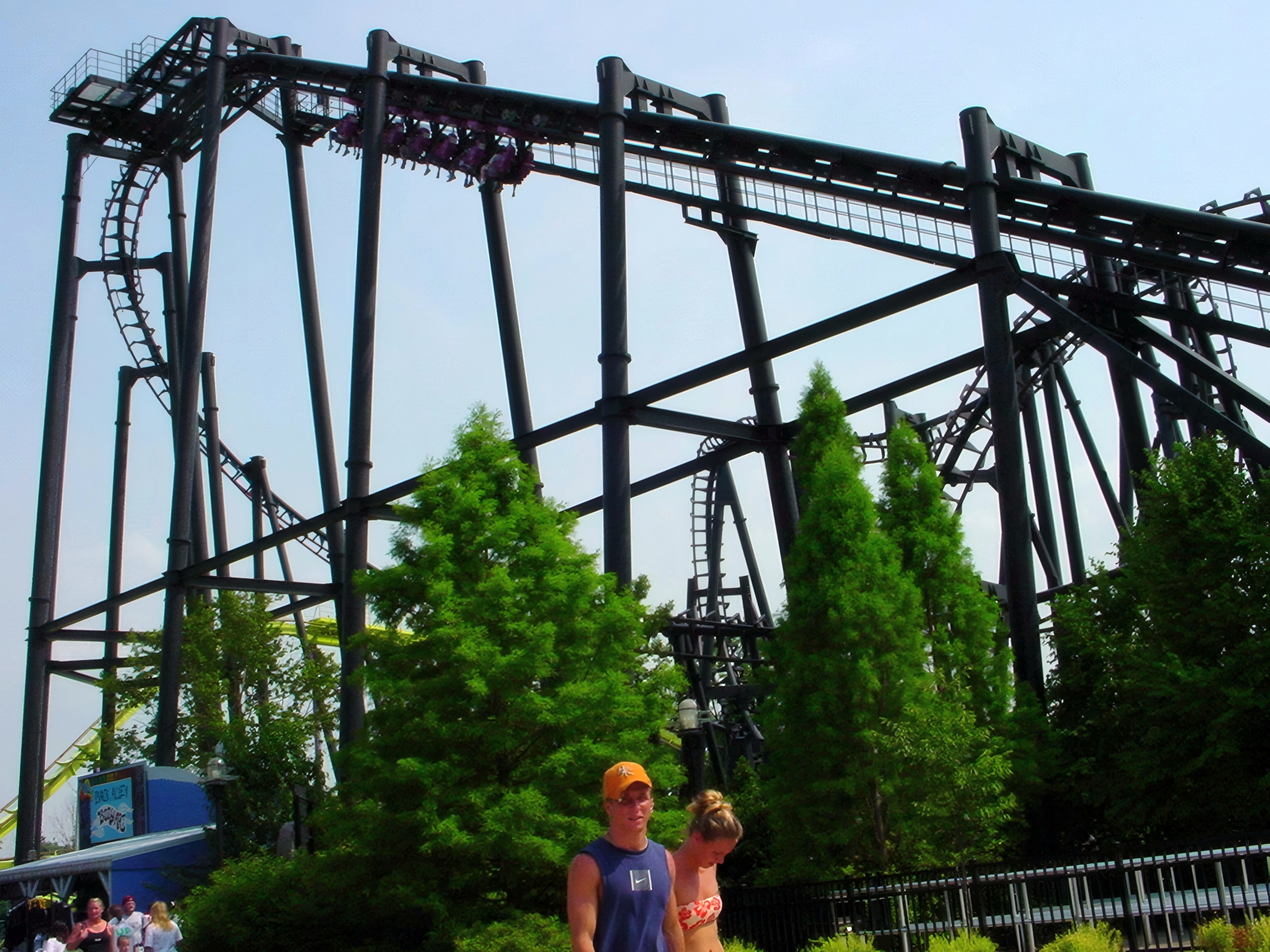 Coaster support structure and track, two visitors below, T2, July 2002