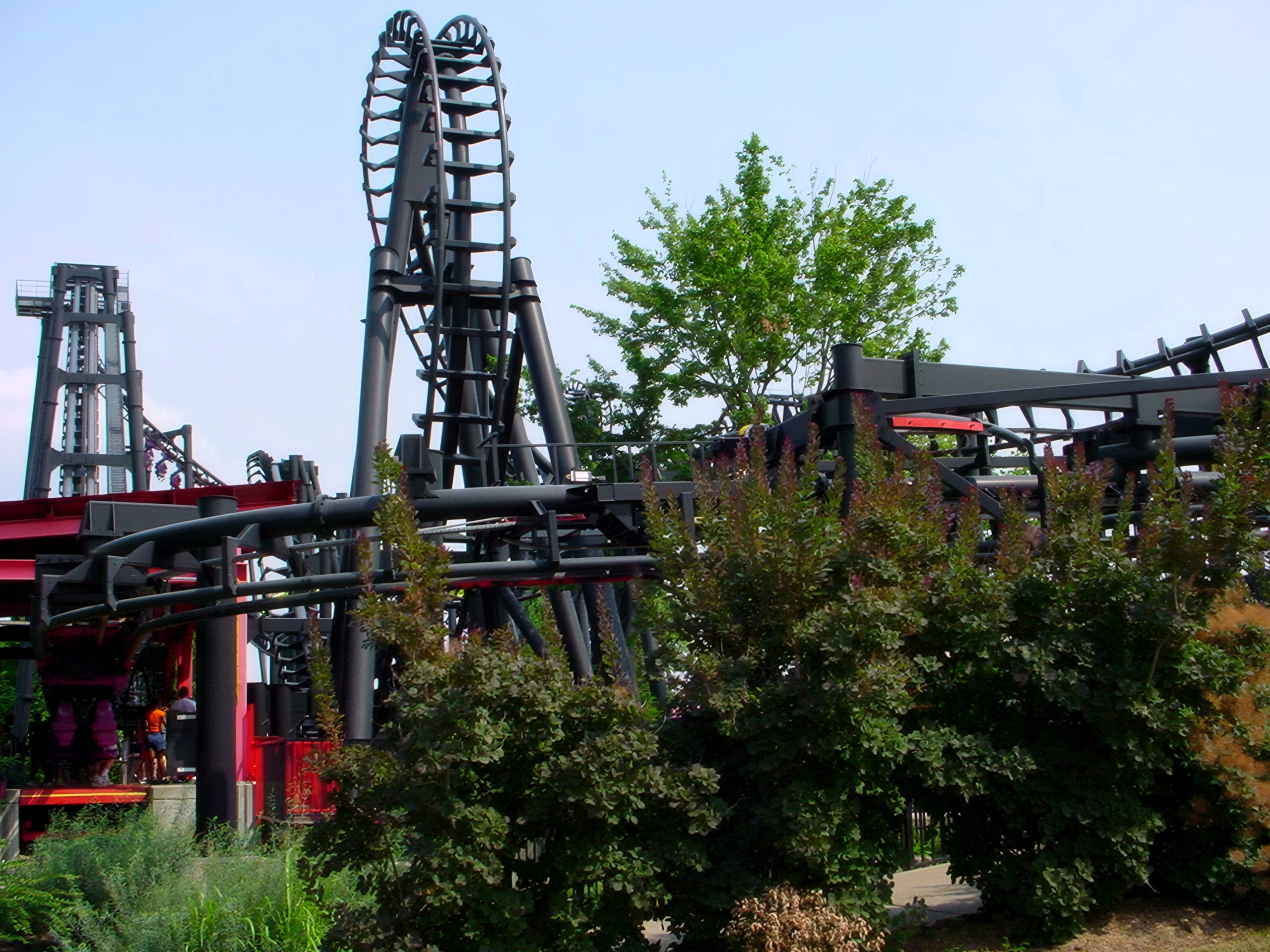 Lift hill and loop structure behind bushes and trees, T2, July 2002