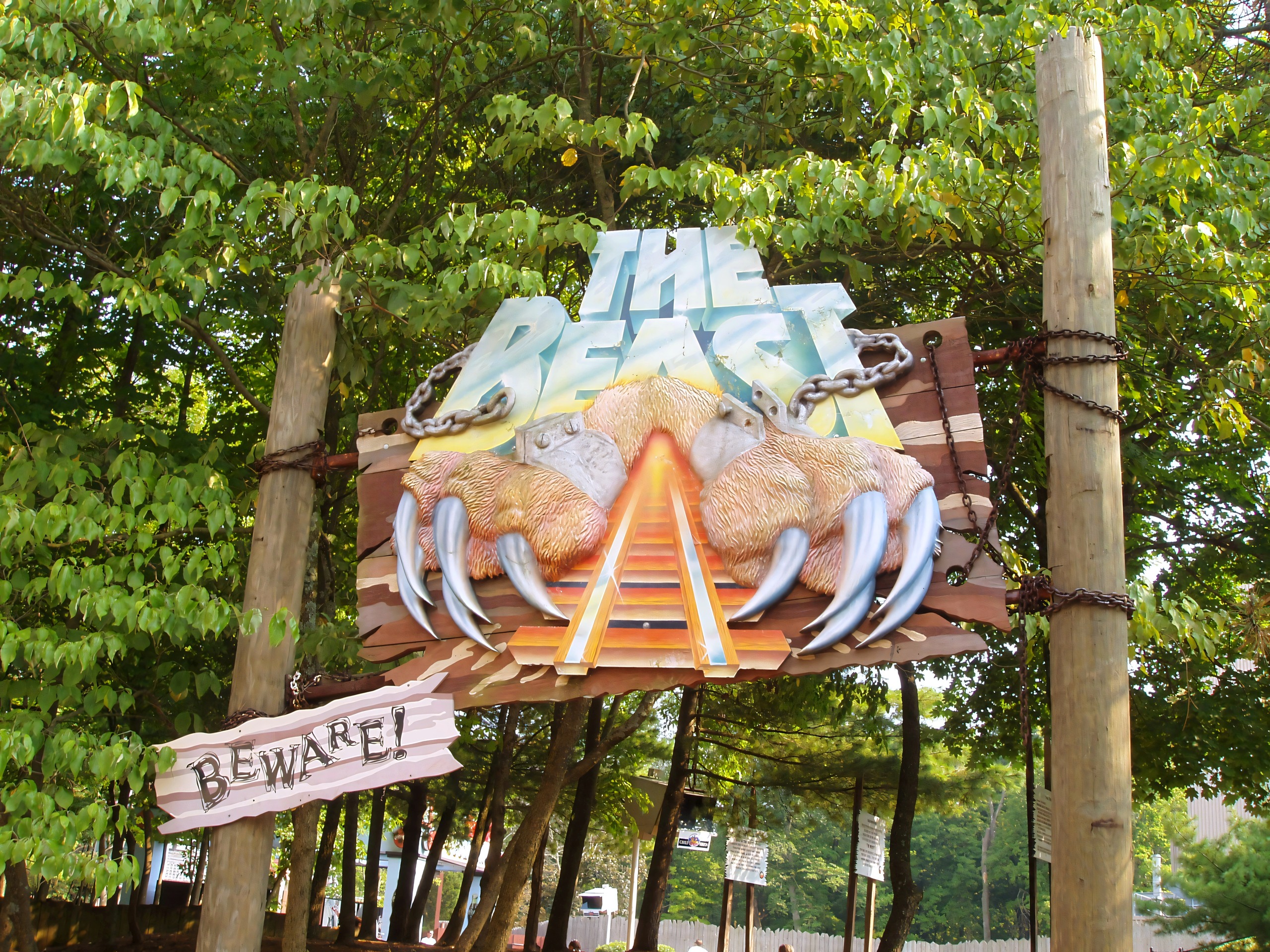 The Beast entrance sign with its Beware plaque at Kings Island, August 2006