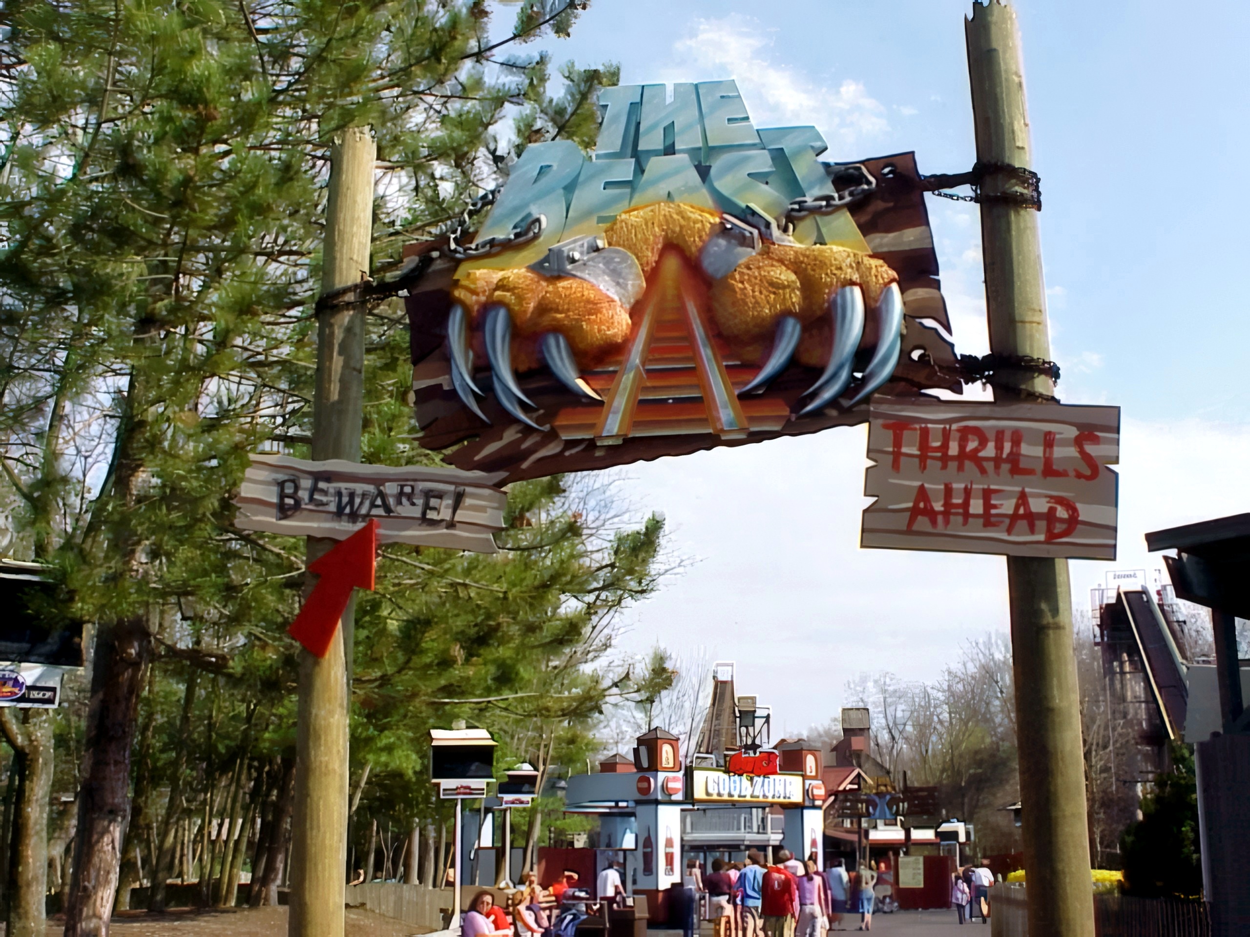 The Beast sign and the Thrills Ahead marker at the entrance at Kings Island, April 2001