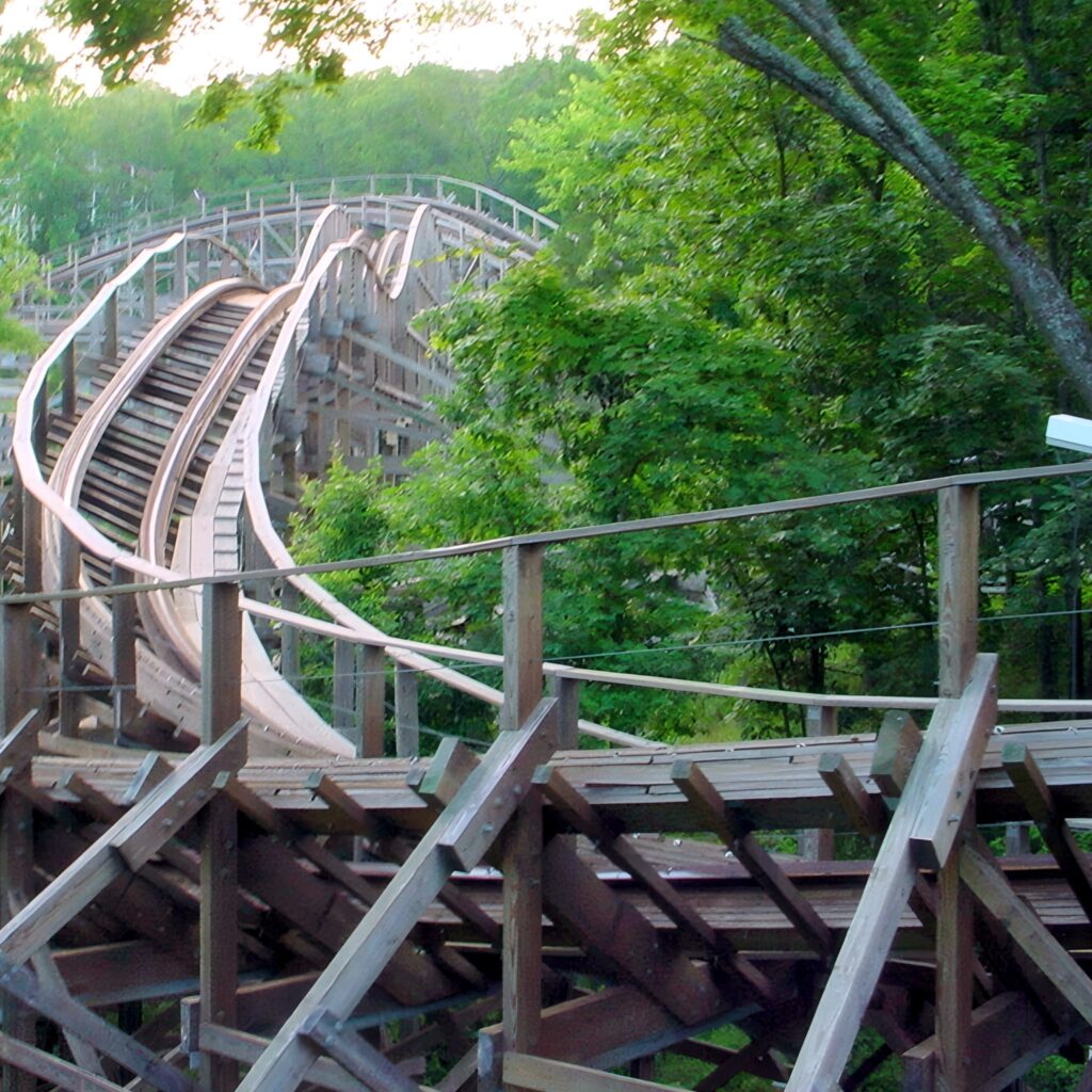 The Boss at Six Flags St. Louis: the wooden track crossing itself in the woods