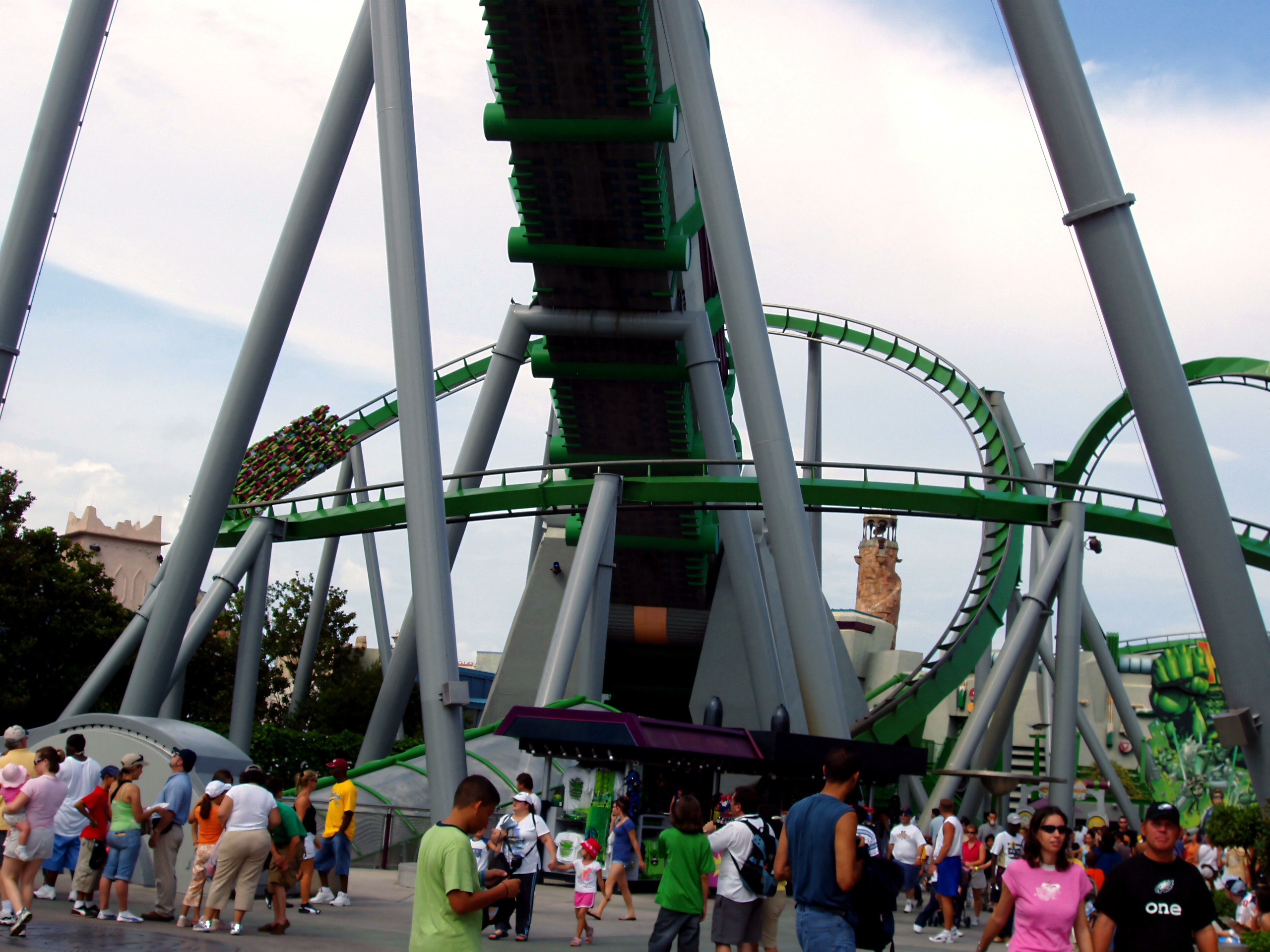 Loops above the crowd near the entrance, The Incredible Hulk Coaster, July 2006