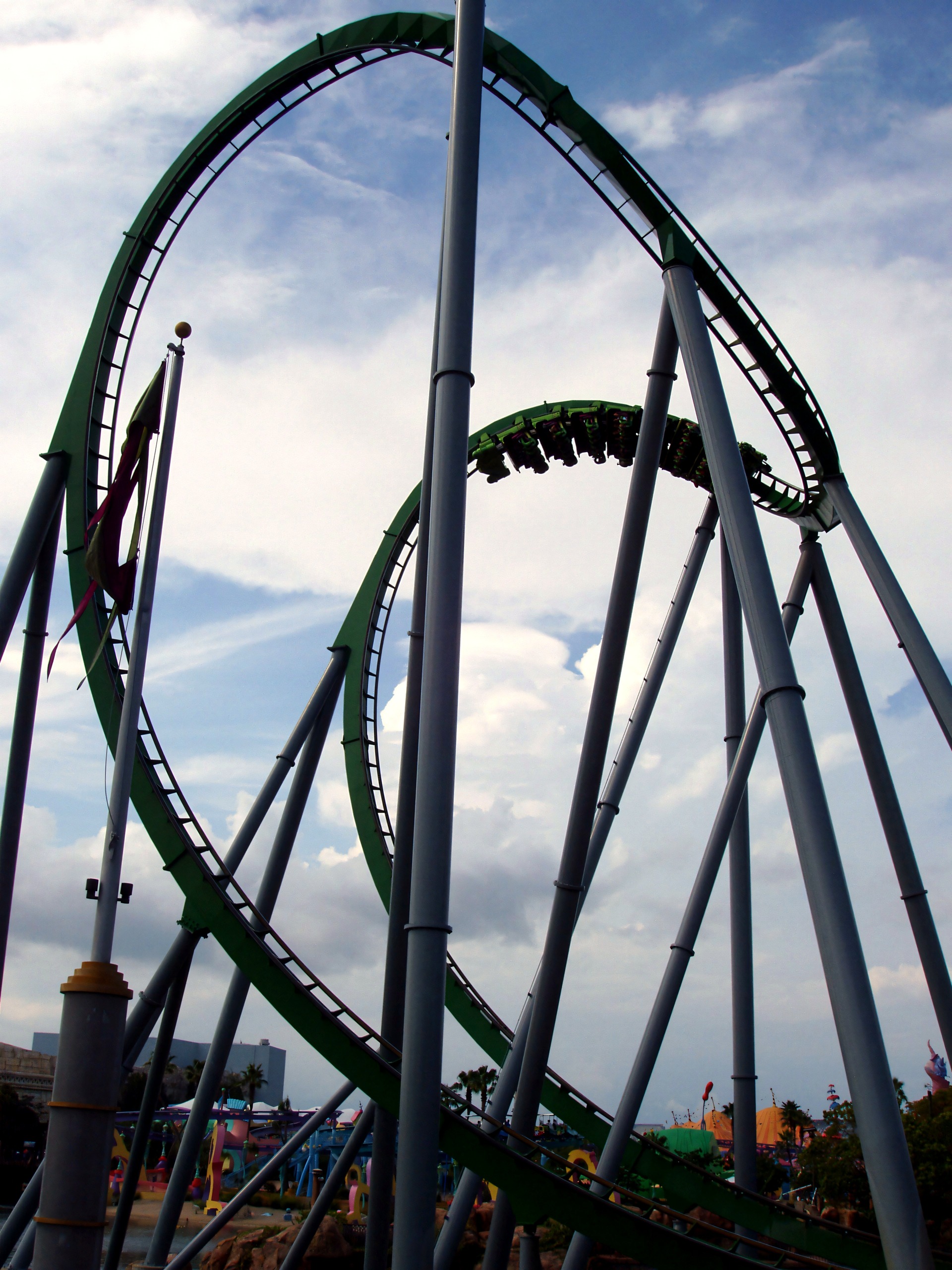 Loops with the flag and the park skyline, The Incredible Hulk Coaster, July 2006