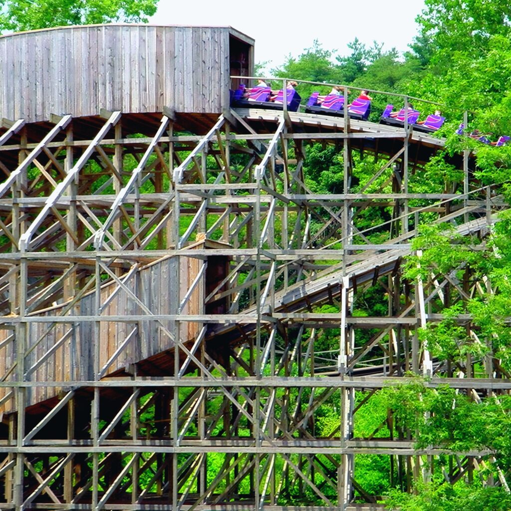 A Legend train riding the wooden turnaround at Holiday World, July 2002