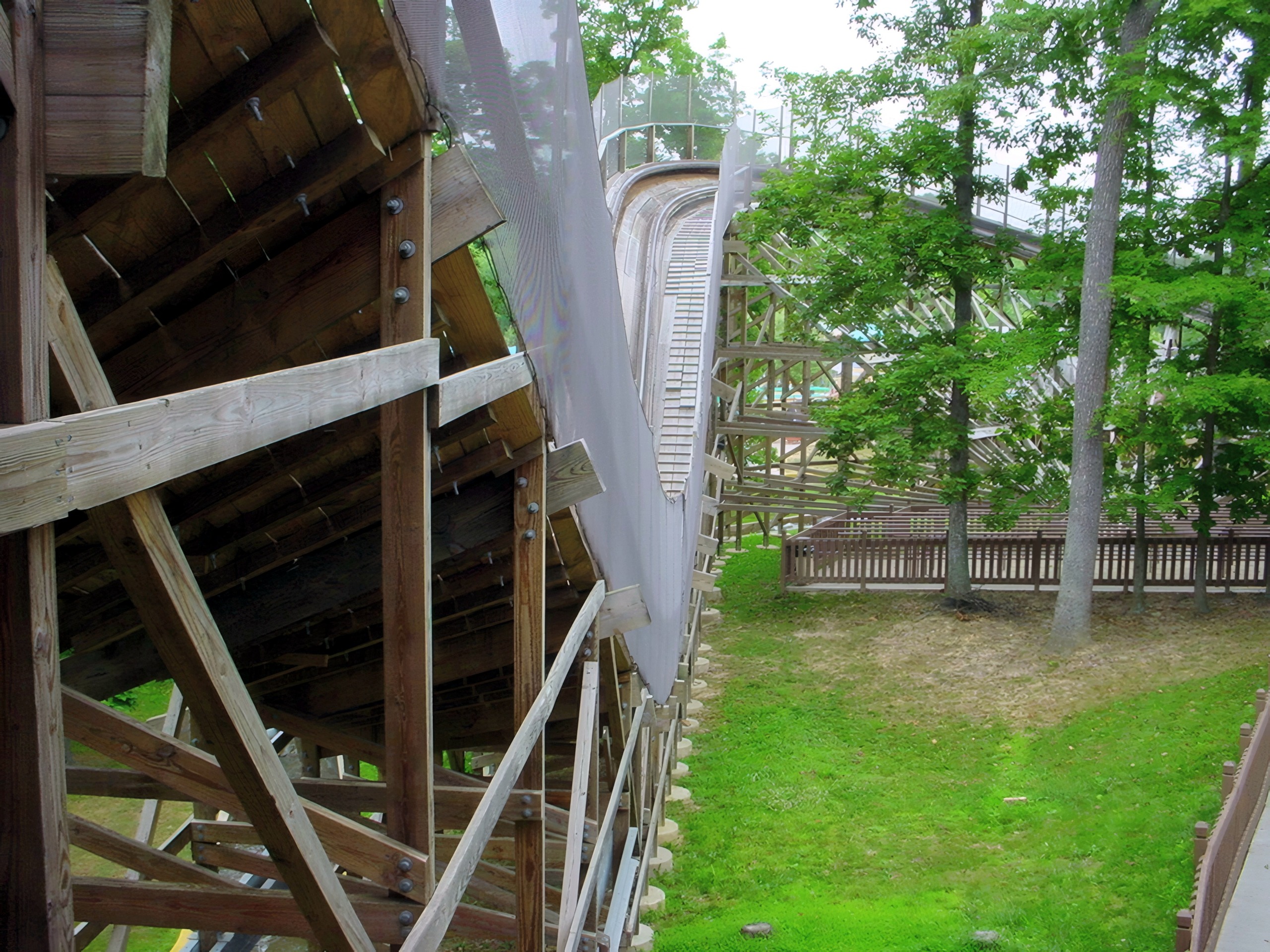 The Legend's lift hill through the trees with the mesh netting overhead, July 2002
