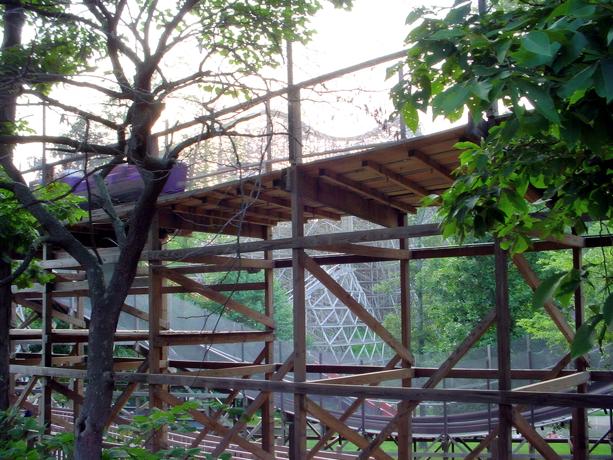 The Legend's purple train on the wooden trestle, July 2002