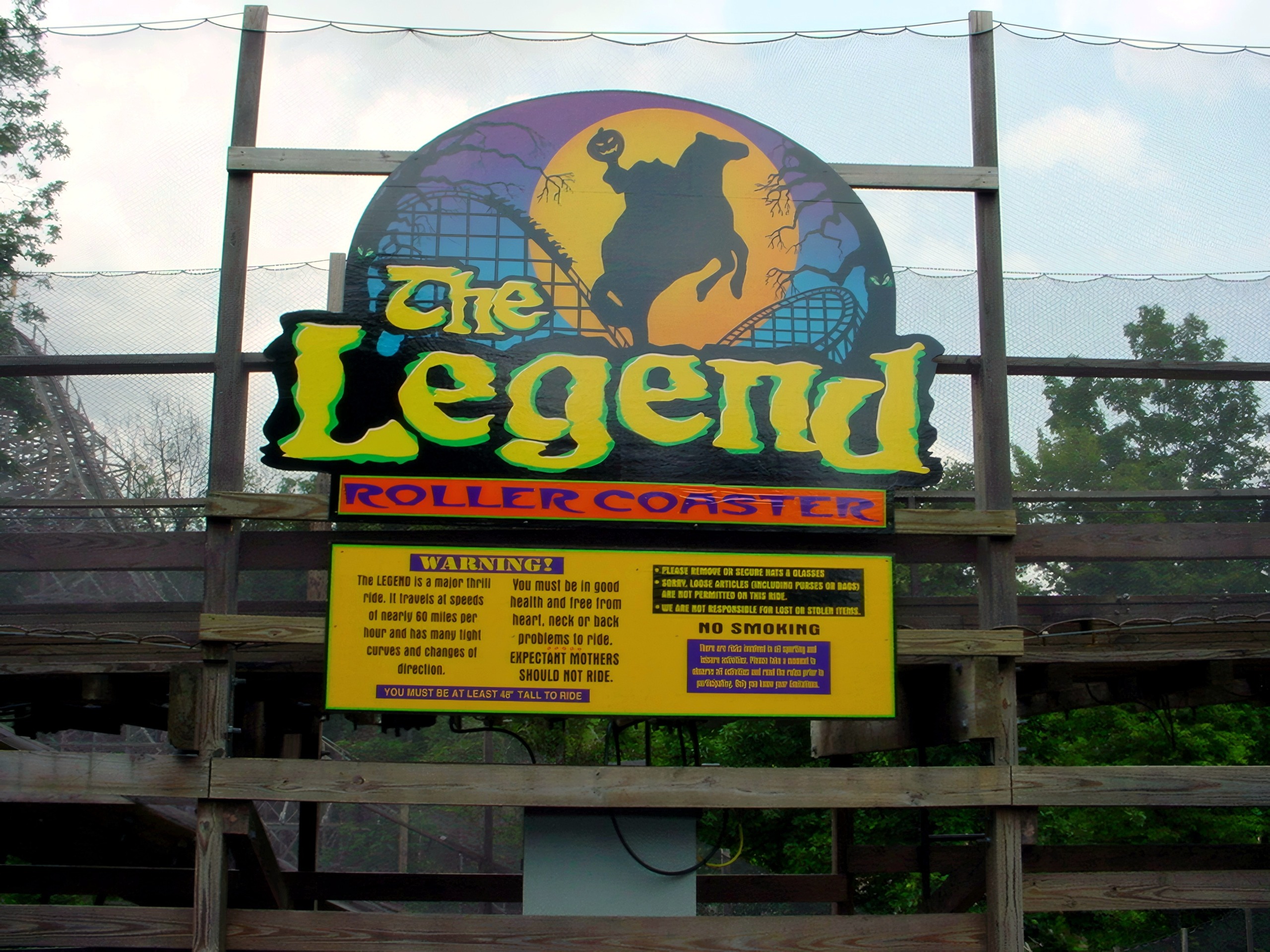 The Legend sign and warning board up close, July 2002