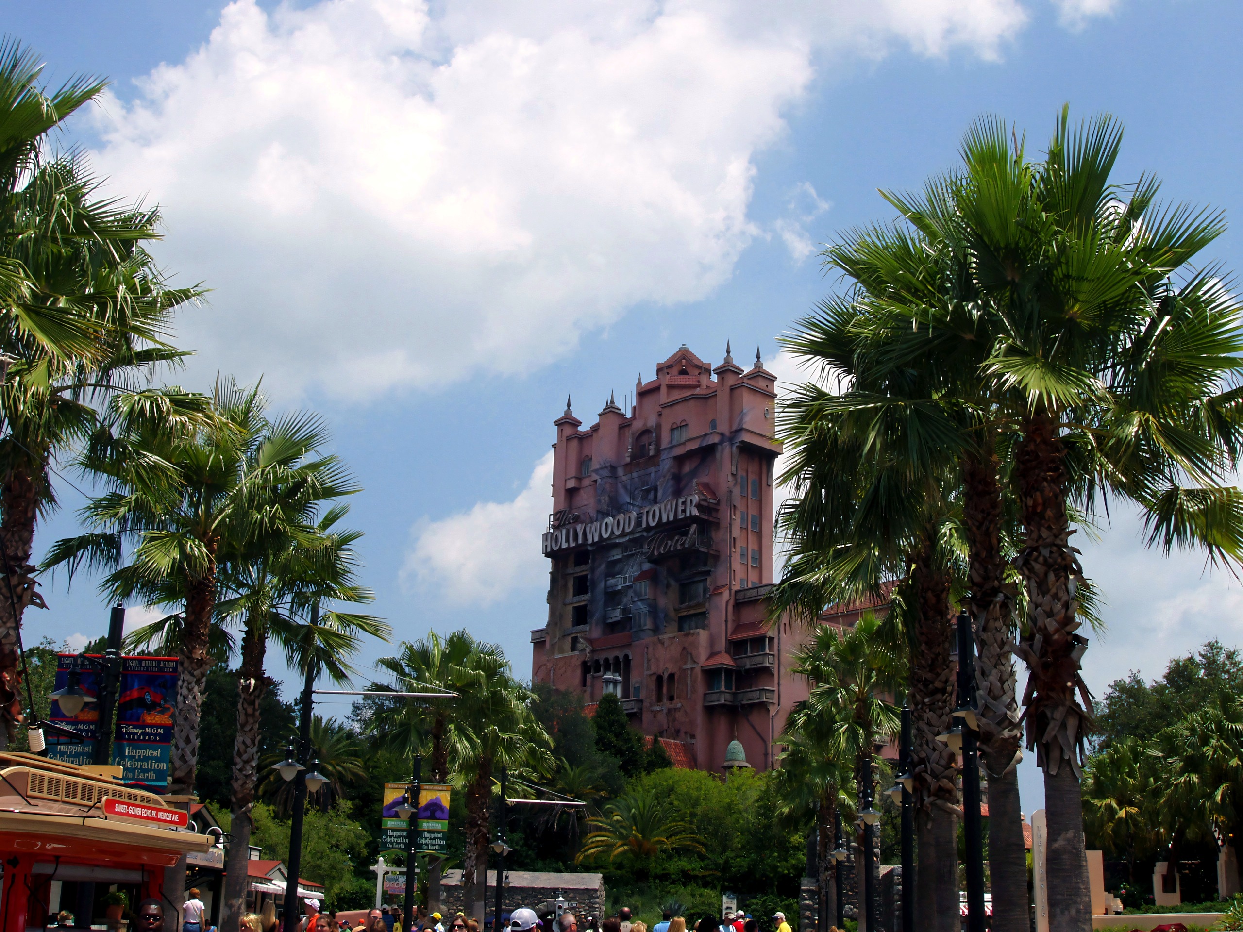 The Hollywood Tower Hotel rising over palm trees on Sunset Boulevard at Disney's Hollywood Studios, June 2006