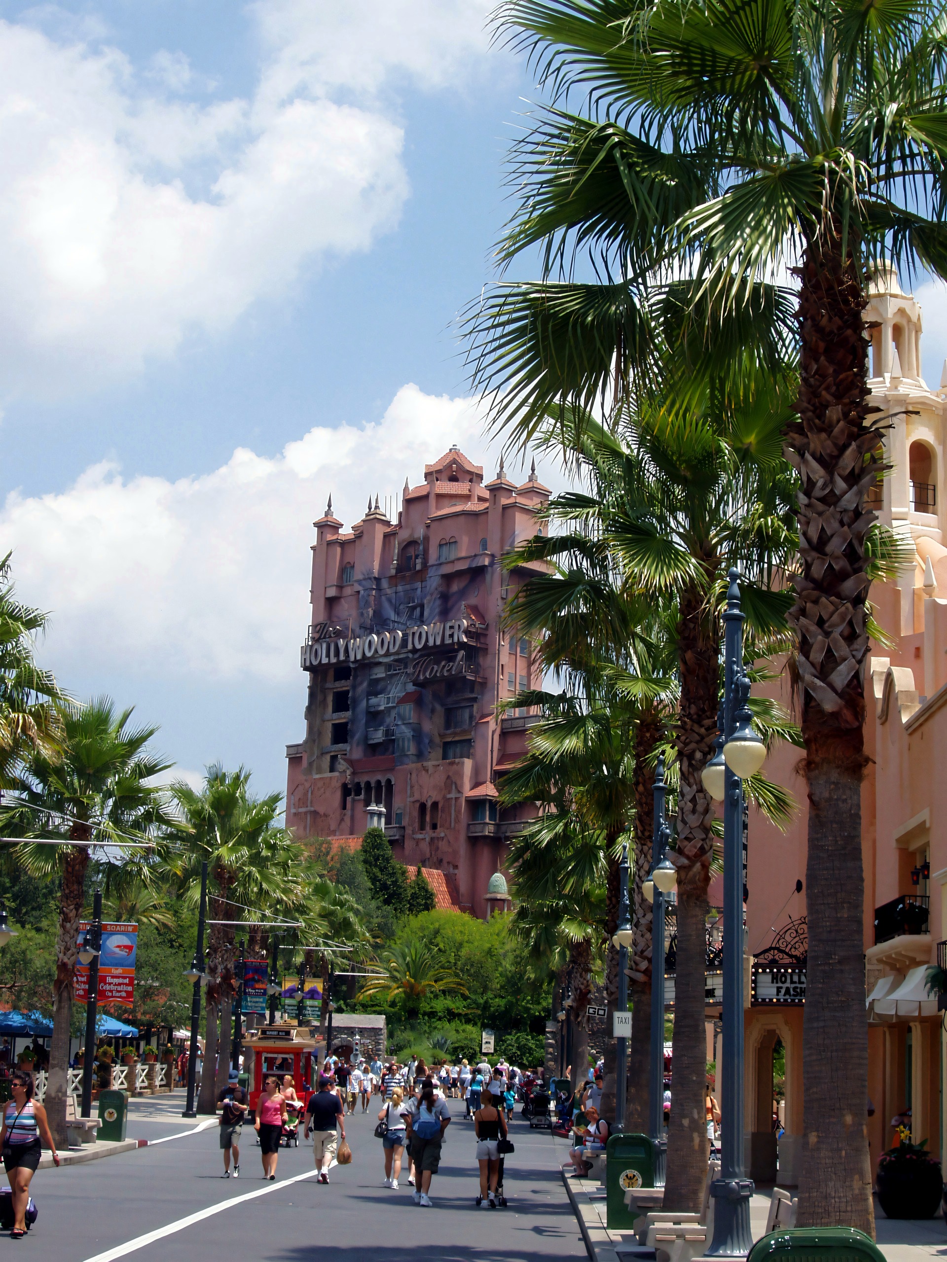 The Hollywood Tower Hotel of The Twilight Zone Tower of Terror at the end of a palm-lined Sunset Boulevard at Disney's Hollywood Studios, June 2006