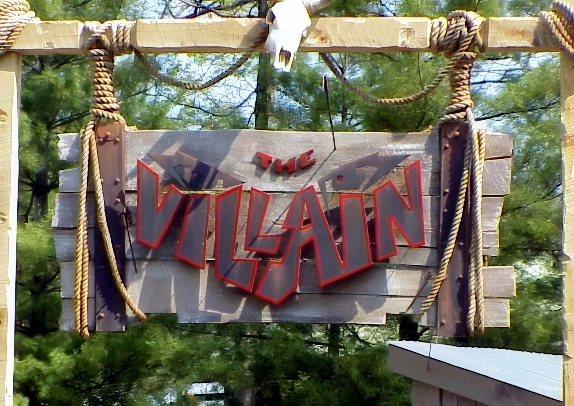 The Villain entrance sign with its skull at Geauga Lake, May 2000