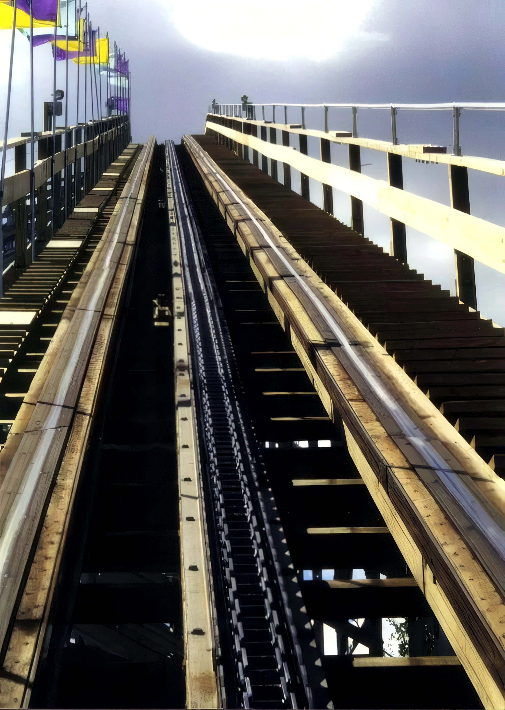 Looking up The Villain's lift hill from the train at Geauga Lake, May 2000