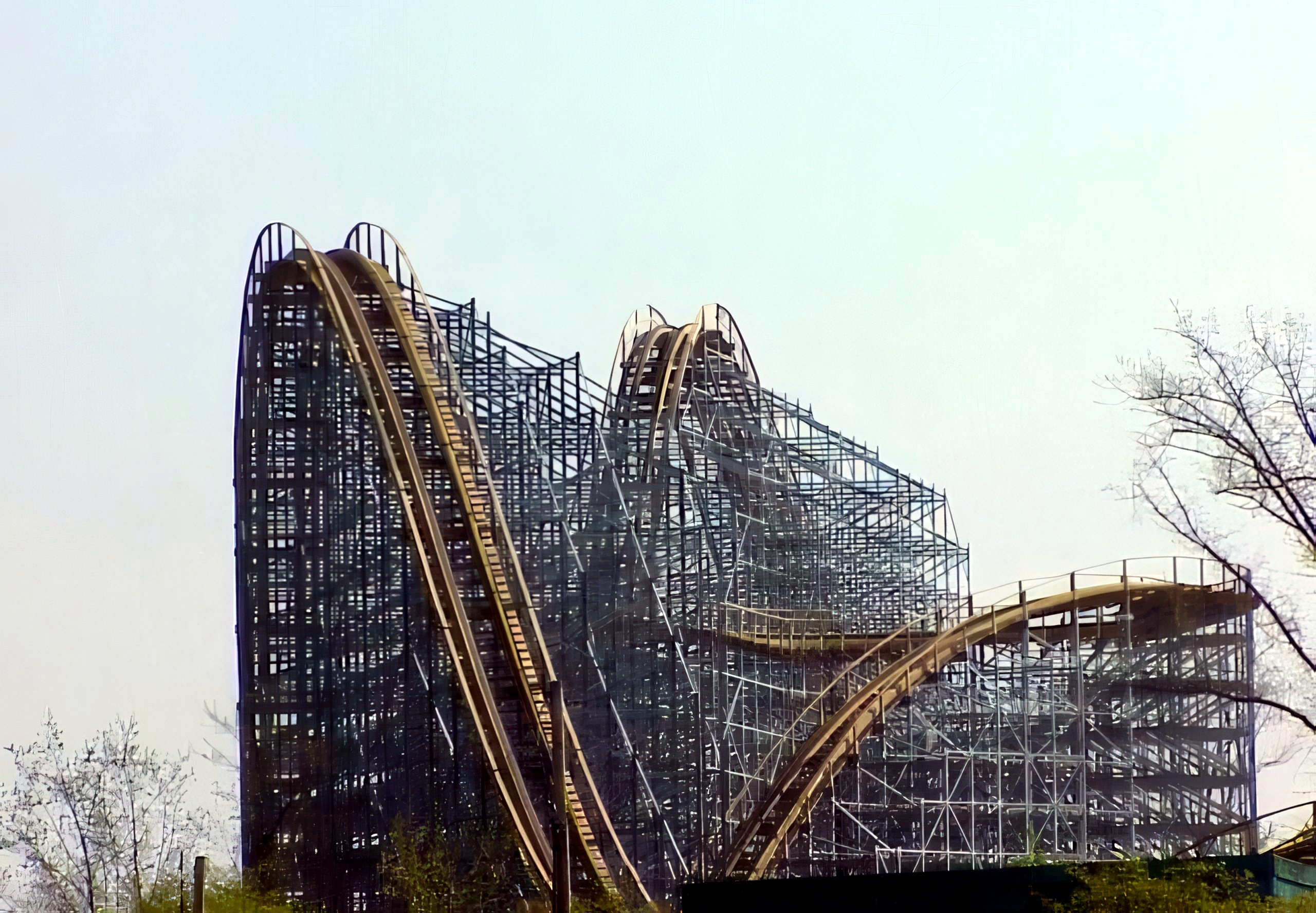 The Villain's twisting wooden structure seen from across the park at Geauga Lake, May 2000