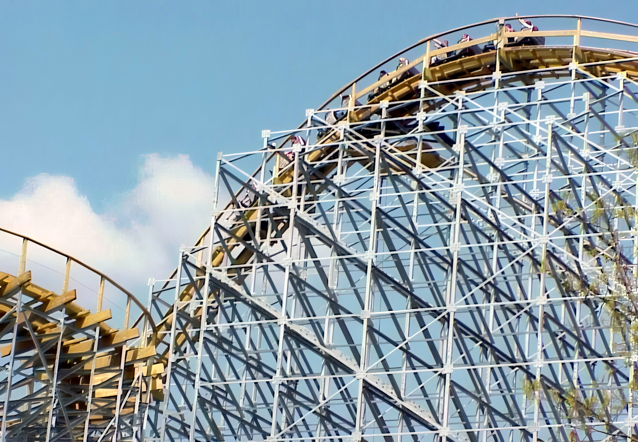 A Villain train cresting the hill up close at Geauga Lake, May 2000