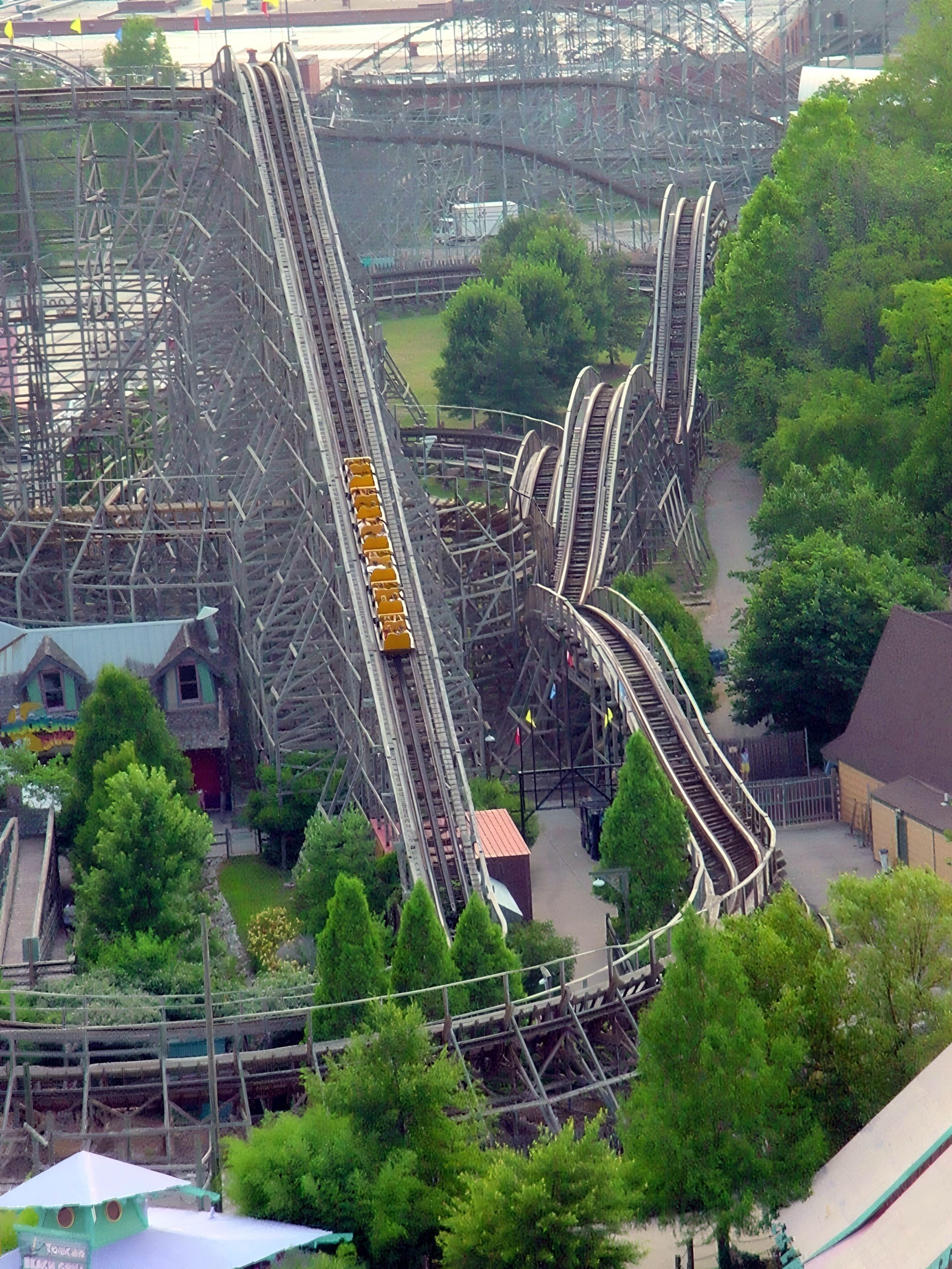 A Thunder Run train climbing the lift hill above the station at Six Flags Kentucky Kingdom, July 2002
