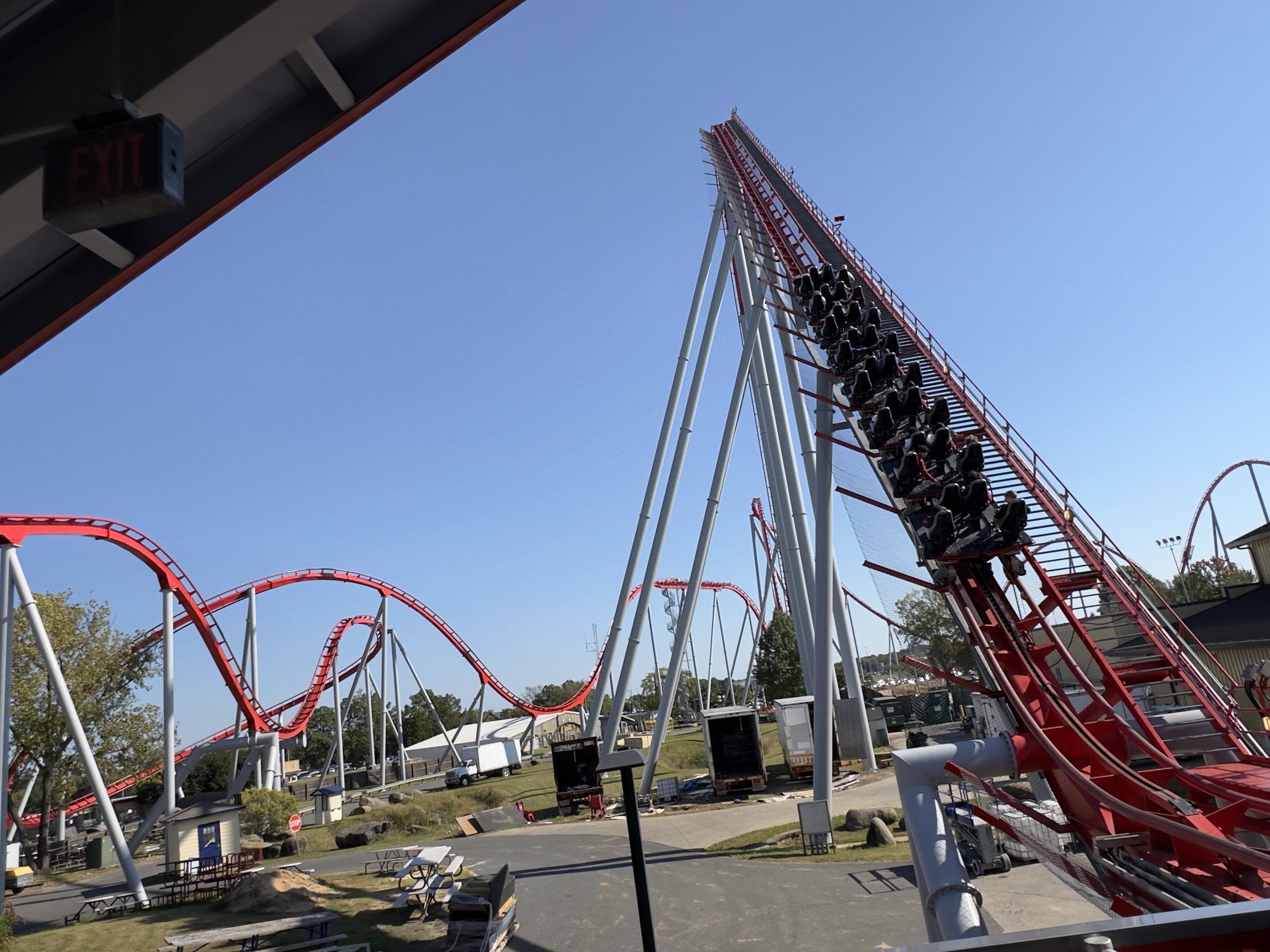 Thunder Striker riders climbing the lift hill, Carowinds, October 2024