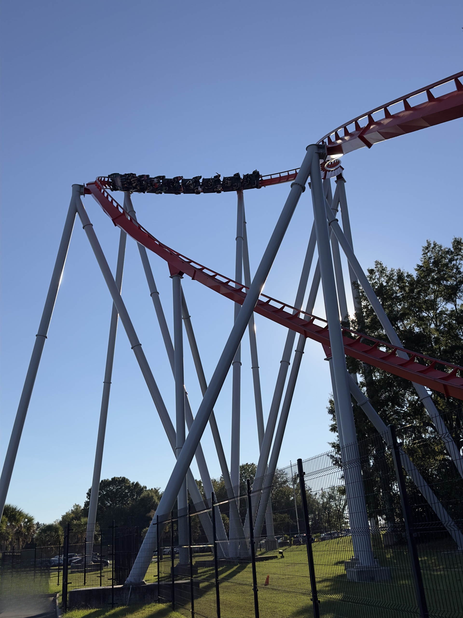 A Thunder Striker train over a turn above the gray supports in late-afternoon light, Carowinds, October 2024