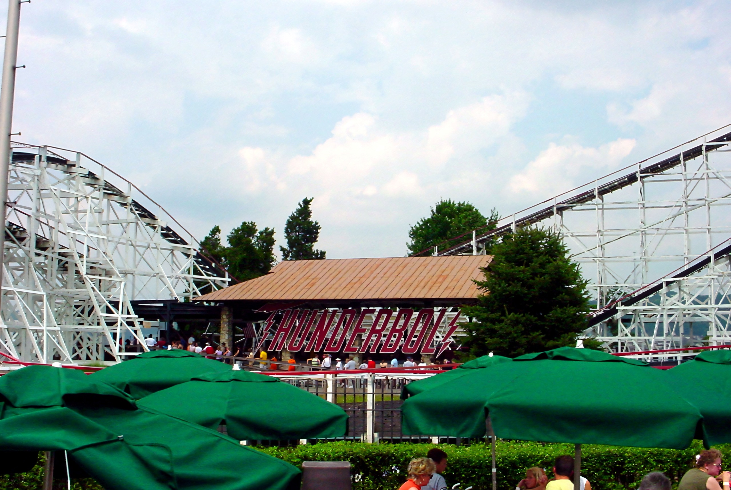 Thunderbolt's structure and sign near the station, with Phantom's Revenge track in front, July 2003