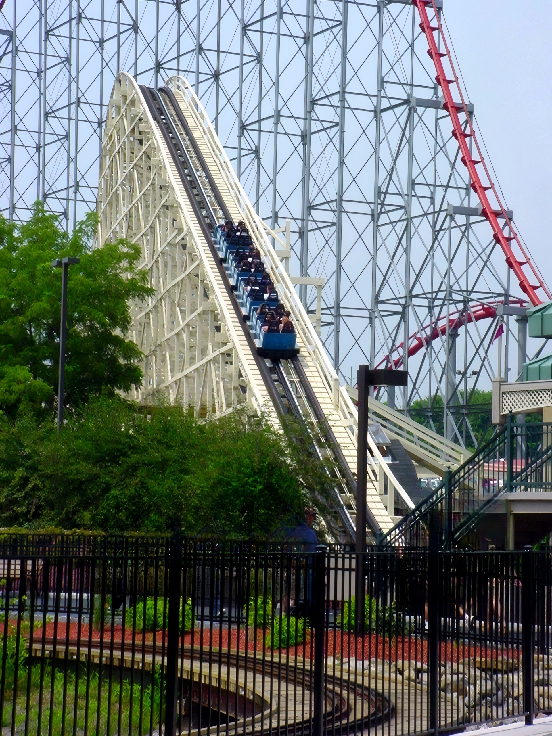 A Thunderhawk train climbing the lift hill with Steel Force behind at Dorney Park, July 2001