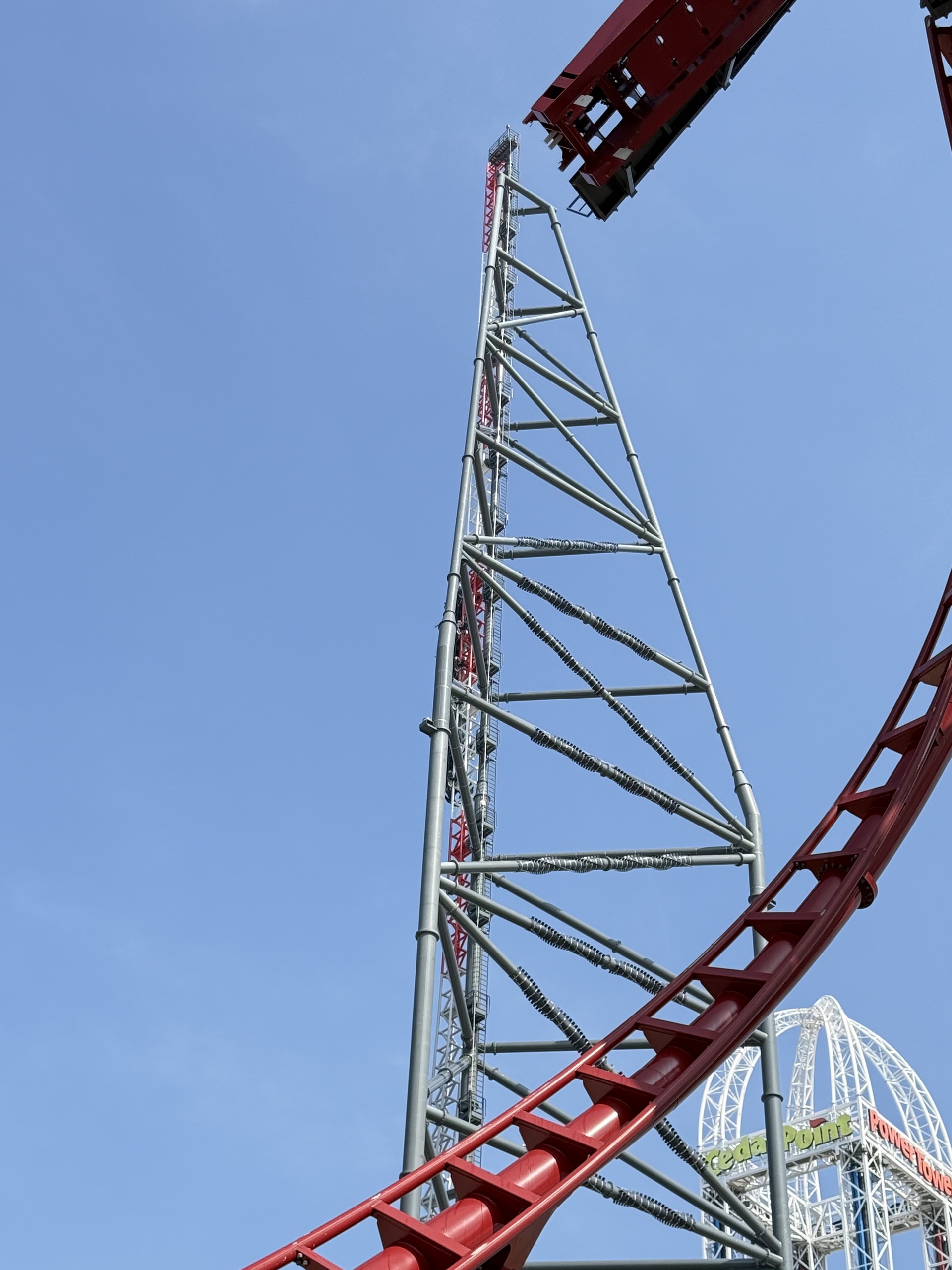 The Top Thrill 2 spike and red launch track against a blue sky