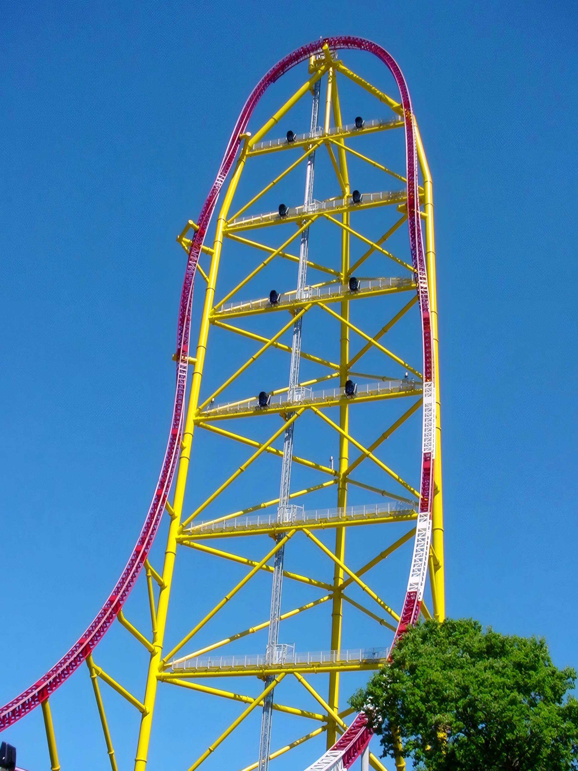 Close low-angle view of tower and spiraling descent track, Top Thrill Dragster, July 2003