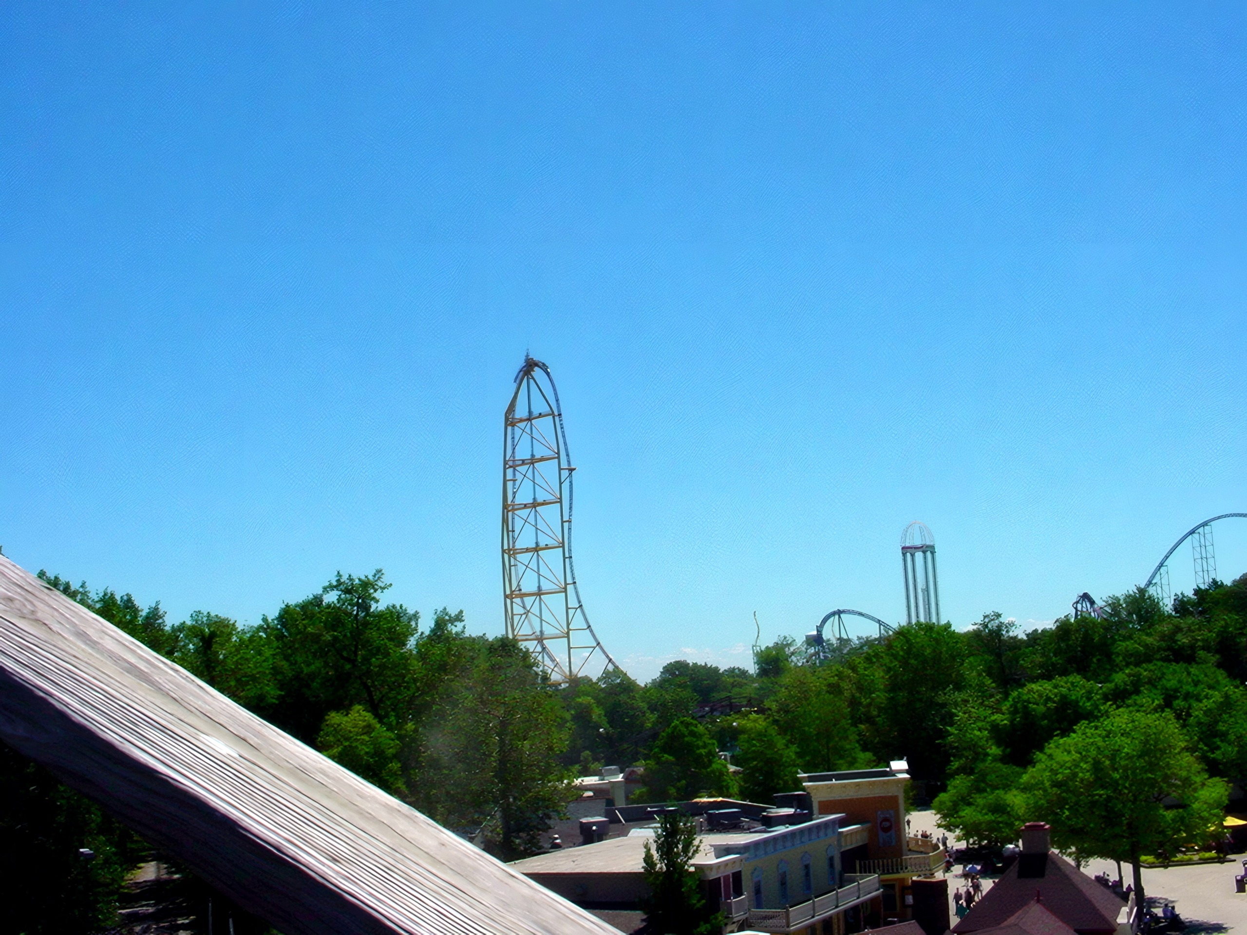 Distant skyline with Top Thrill Dragster tower and Wicked Twister, Top Thrill Dragster, July 2003