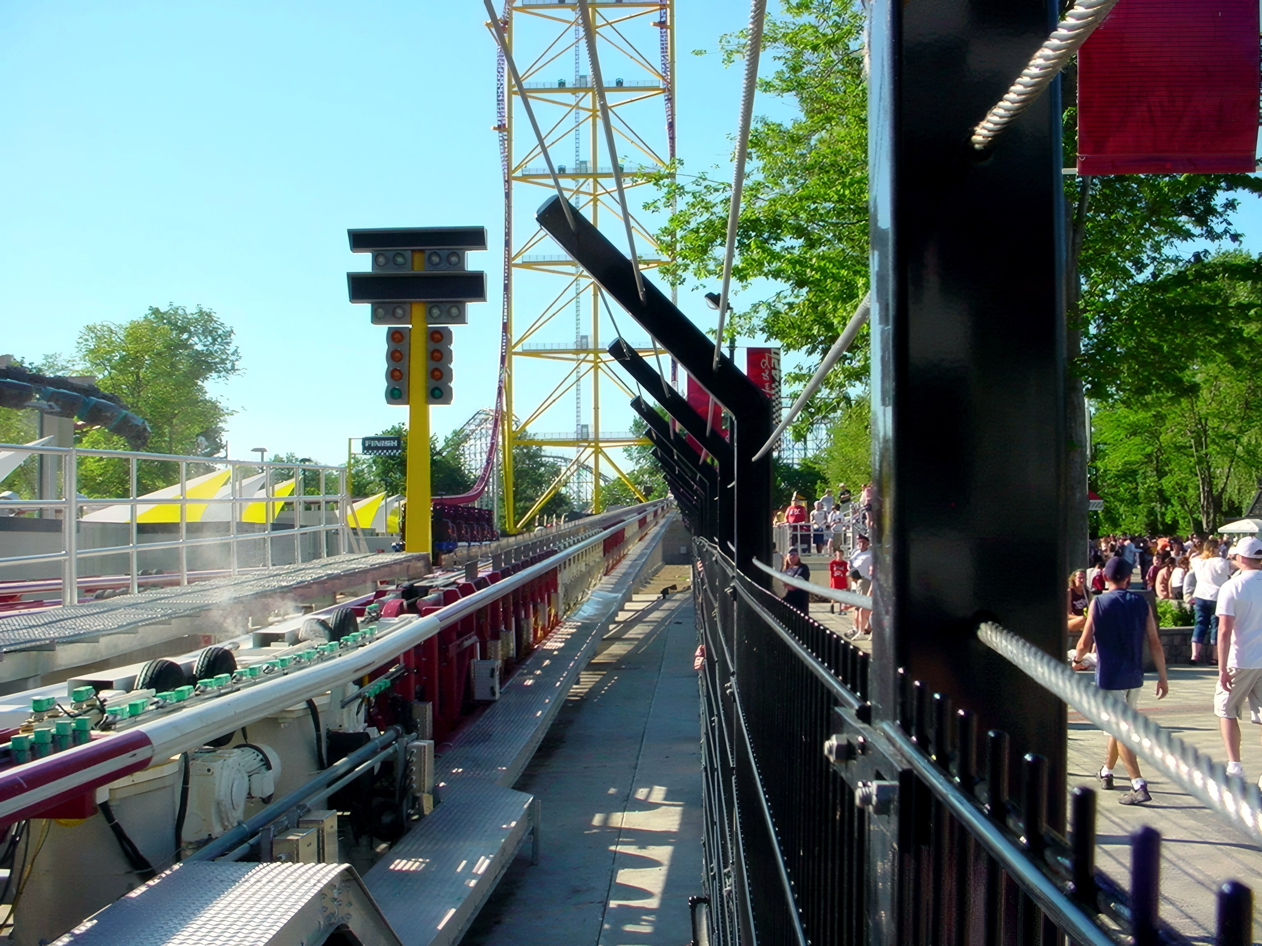 Launch track and lift tower viewed from queue line, Top Thrill Dragster, July 2003