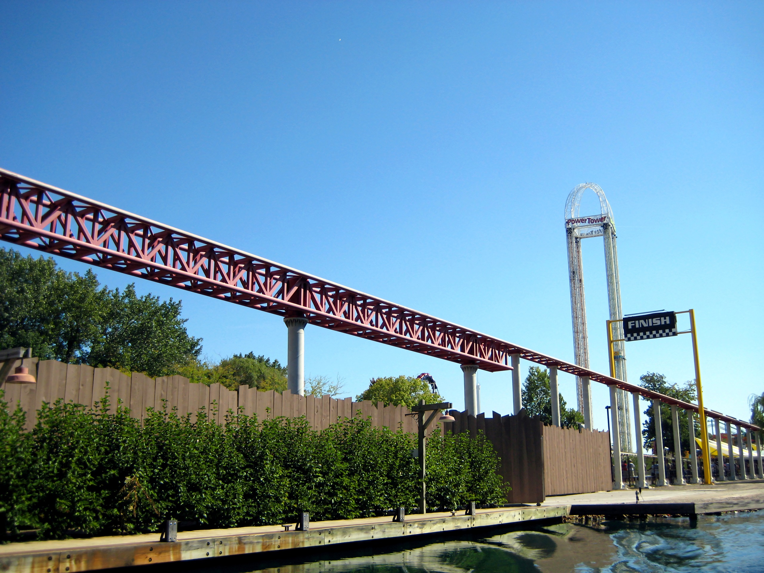 Red coaster trestle over water, Power Tower and finish sign, Top Thrill Dragster, September 2007