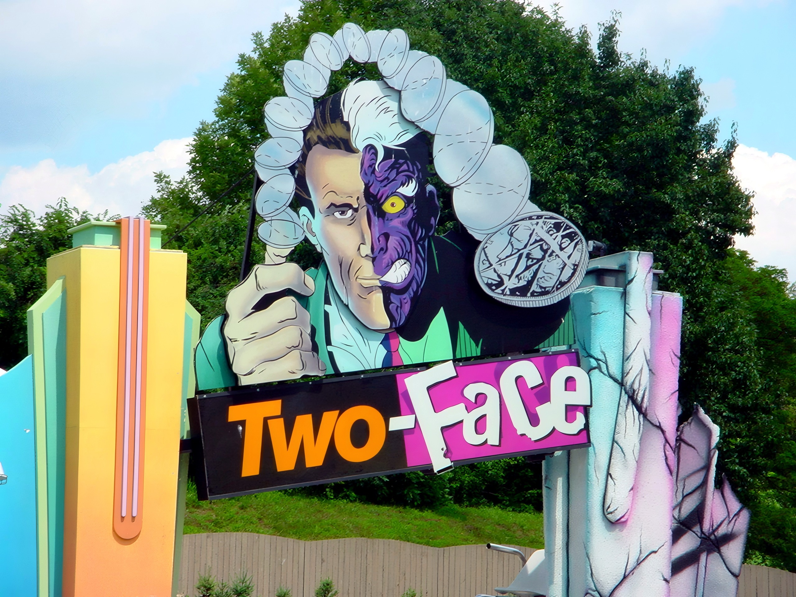 The Two-Face: The Flip Side entrance sign at Six Flags America, July 2001