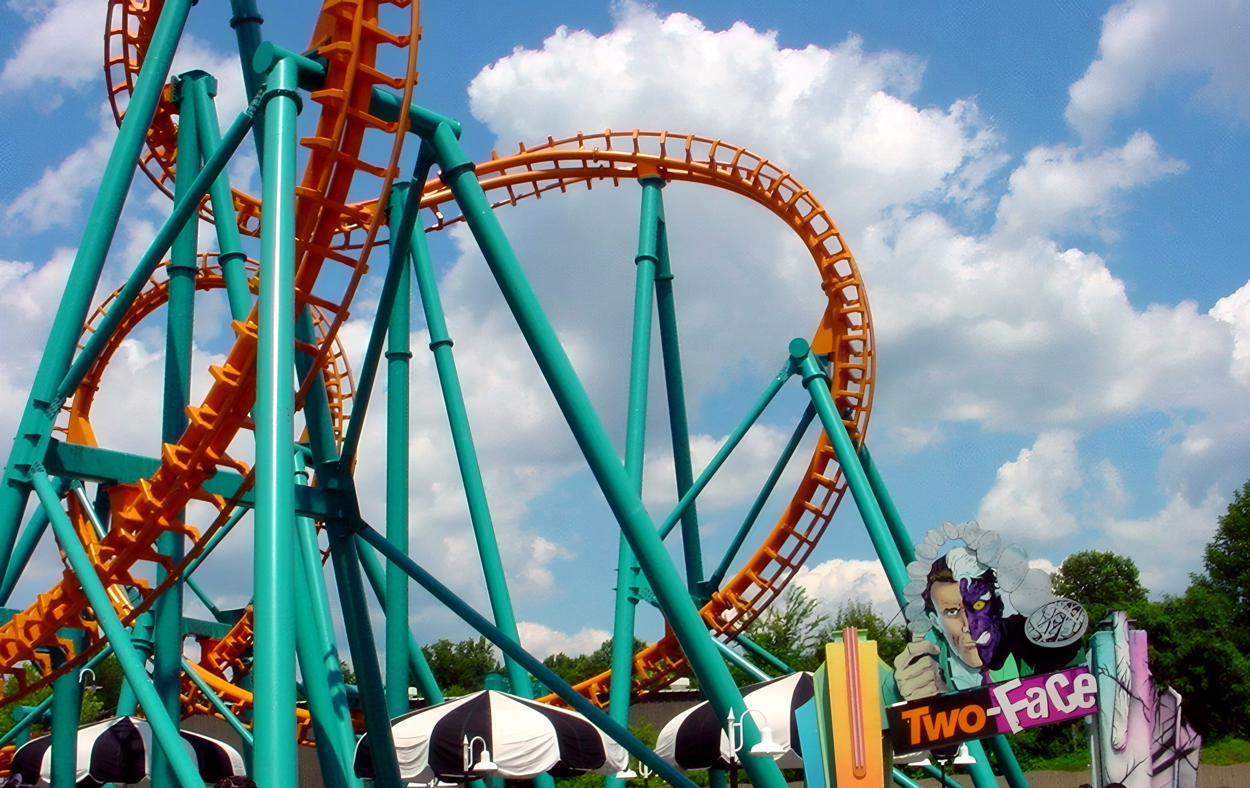 Two-Face: The Flip Side's orange track and teal supports above the entrance at Six Flags America, July 2001