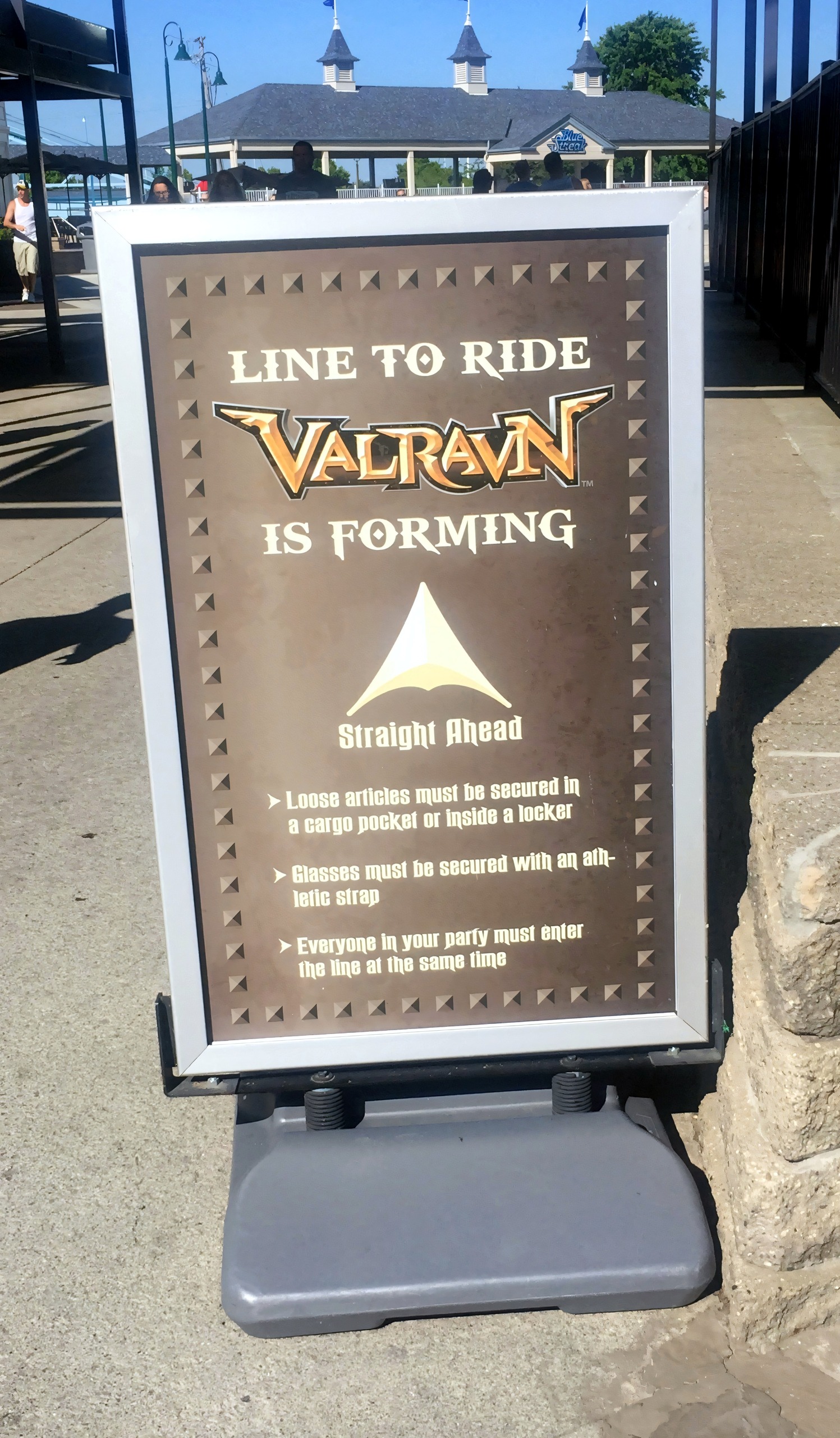 Sidewalk sign reading 'Line to Ride Valravn is Forming', Valravn, July 2016