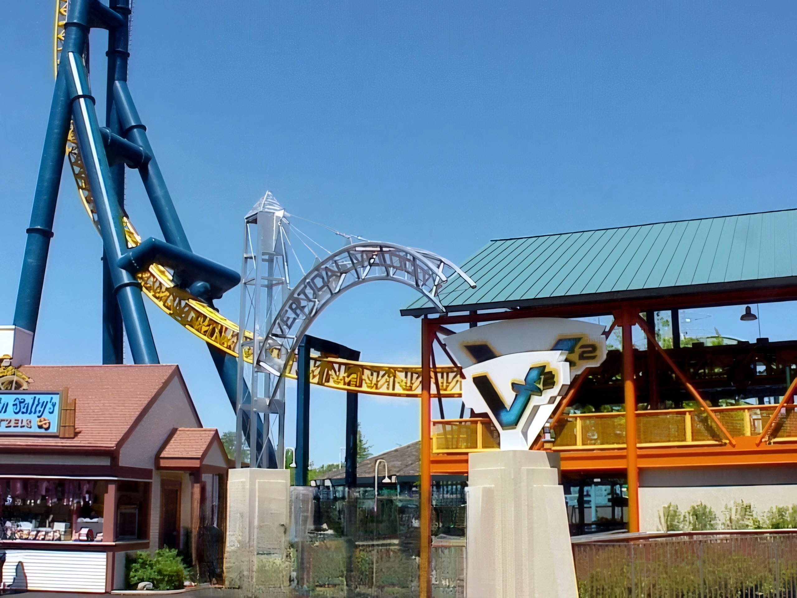 The Vertical Velocity entrance arch and station with the front spike above at Six Flags Great America, May 2001