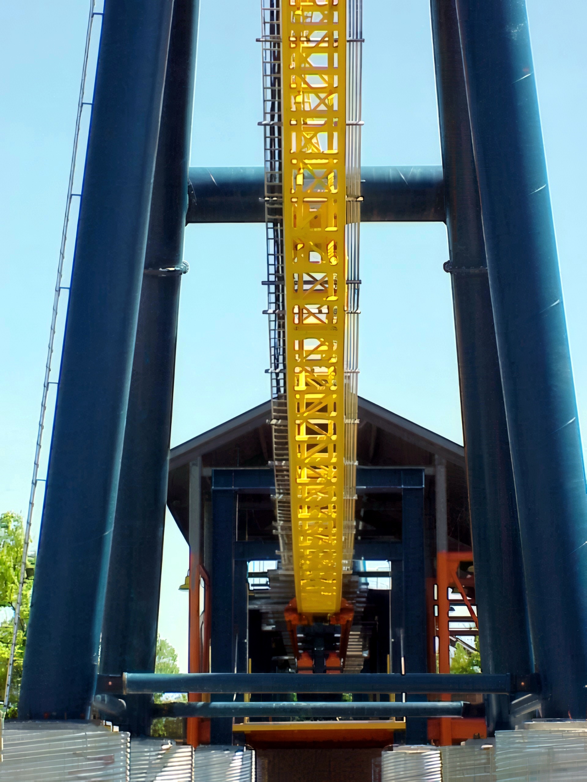 Looking down the Vertical Velocity track from the station between the blue supports at Six Flags Great America, May 2001