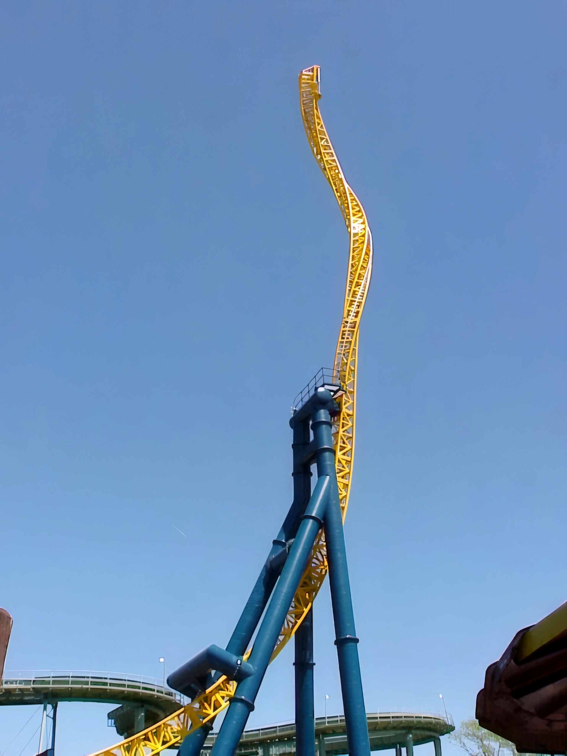 A Vertical Velocity train near the top of the twisted spike at Six Flags Great America, May 2001