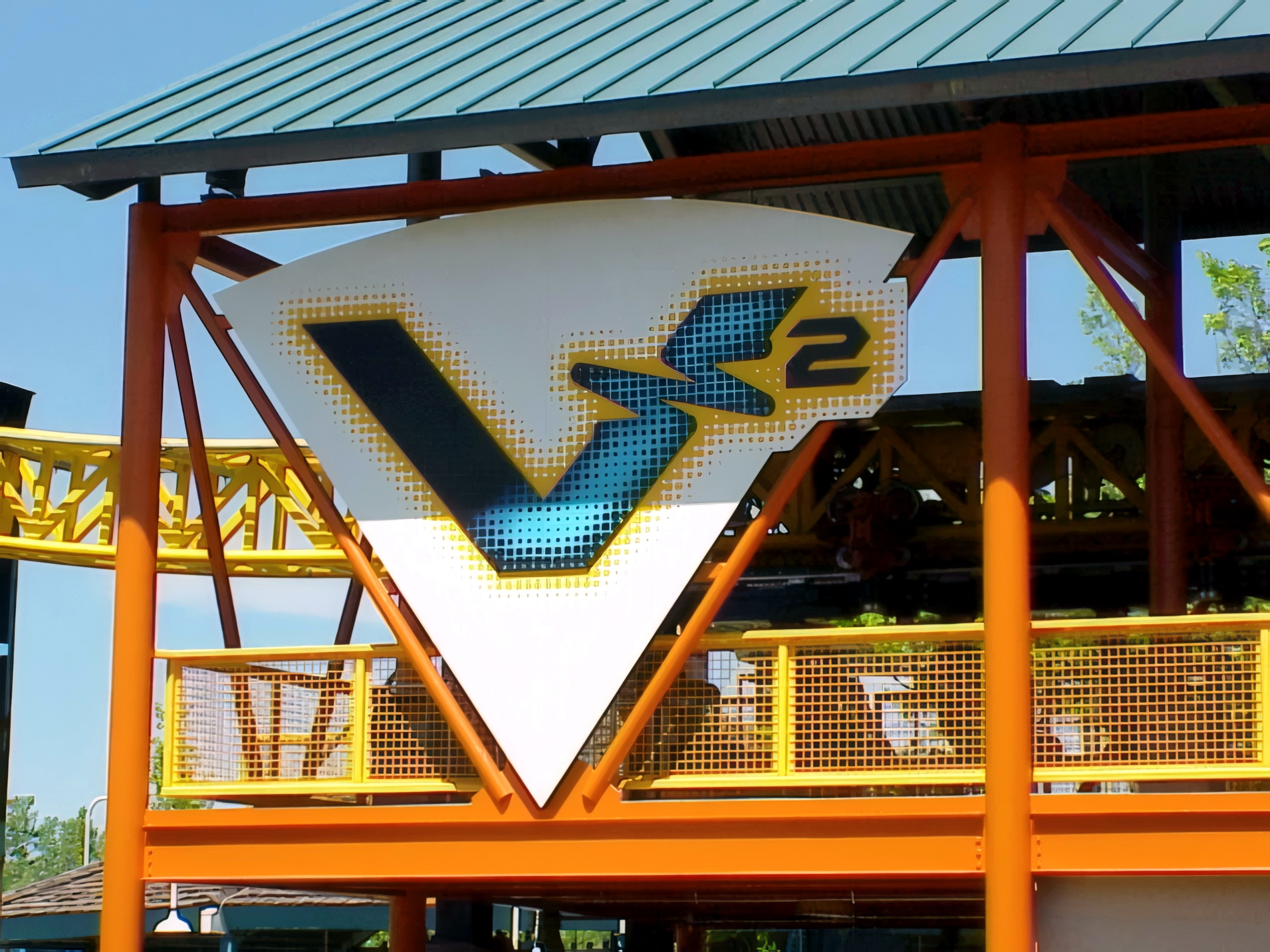 The V2: Vertical Velocity entrance sign and station at Six Flags Great America, May 2001