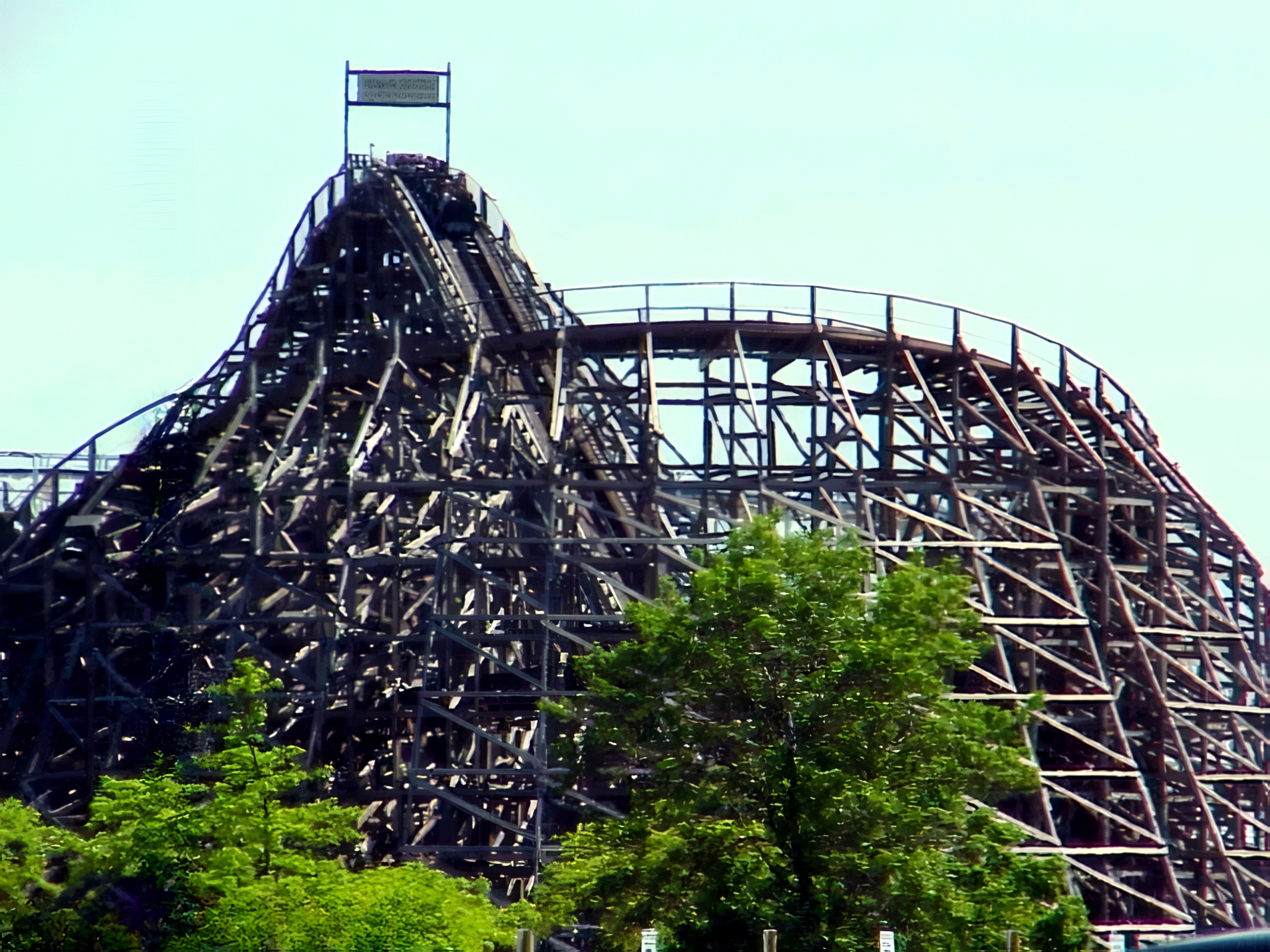 The Viper lift hill and wooden structure against the sky at Six Flags Great America, May 2001