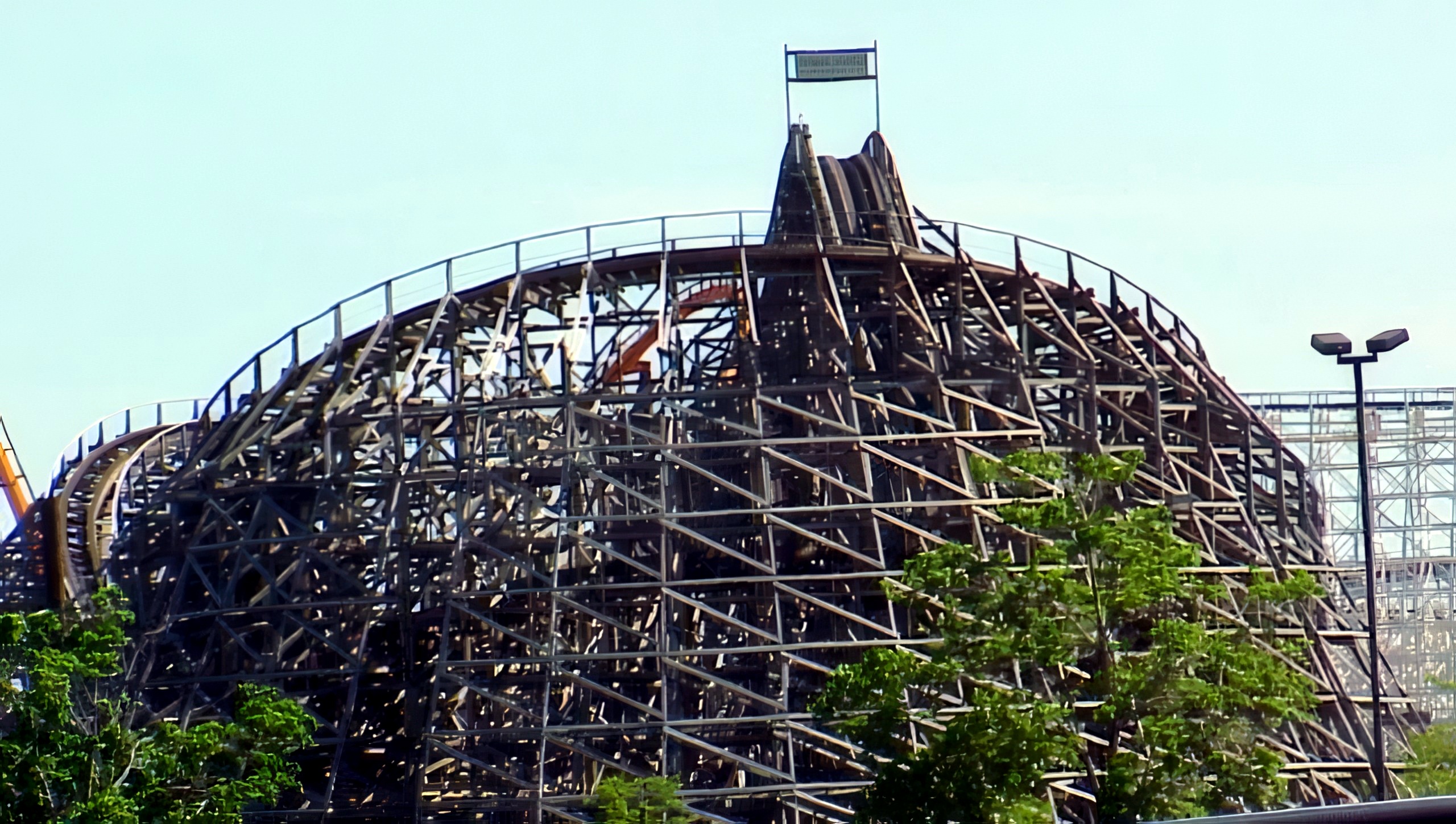 Viper's wooden structure and lift seen from the parking lot at Six Flags Great America, May 2001