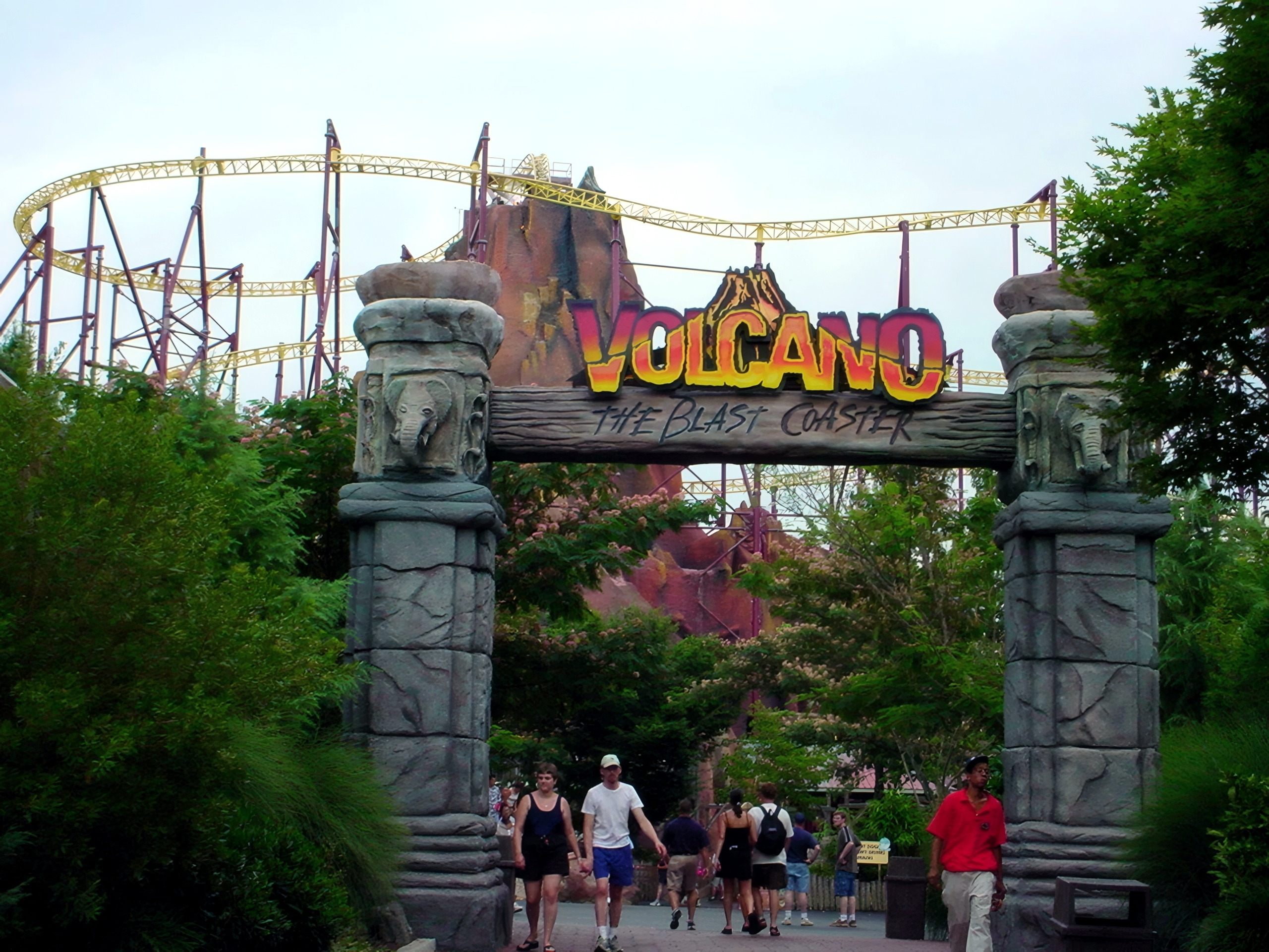 The Volcano gateway sign with the yellow track and mountain behind, July 2001