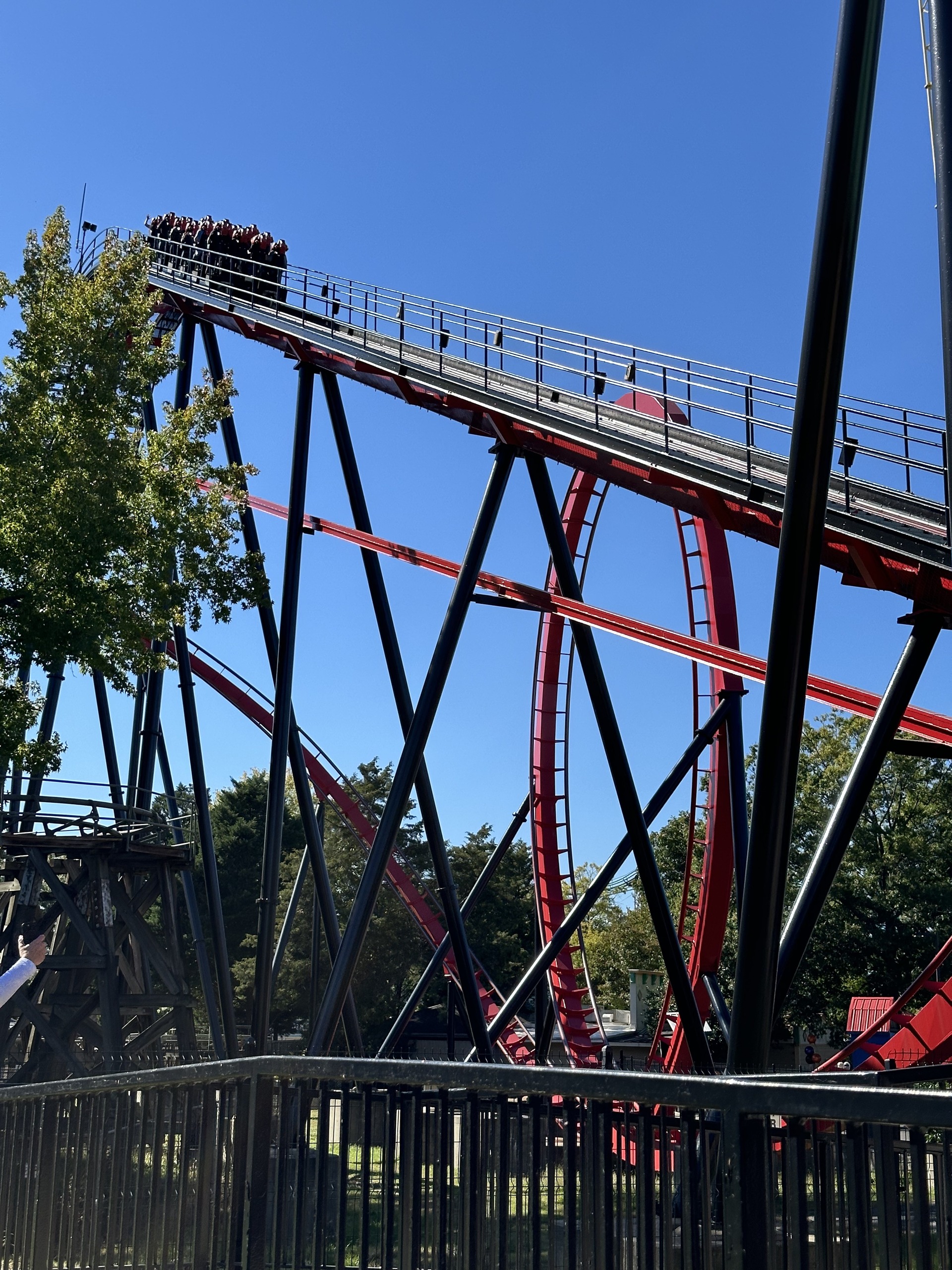 Vortex's lift hill and black lattice supports, Carowinds, October 2024