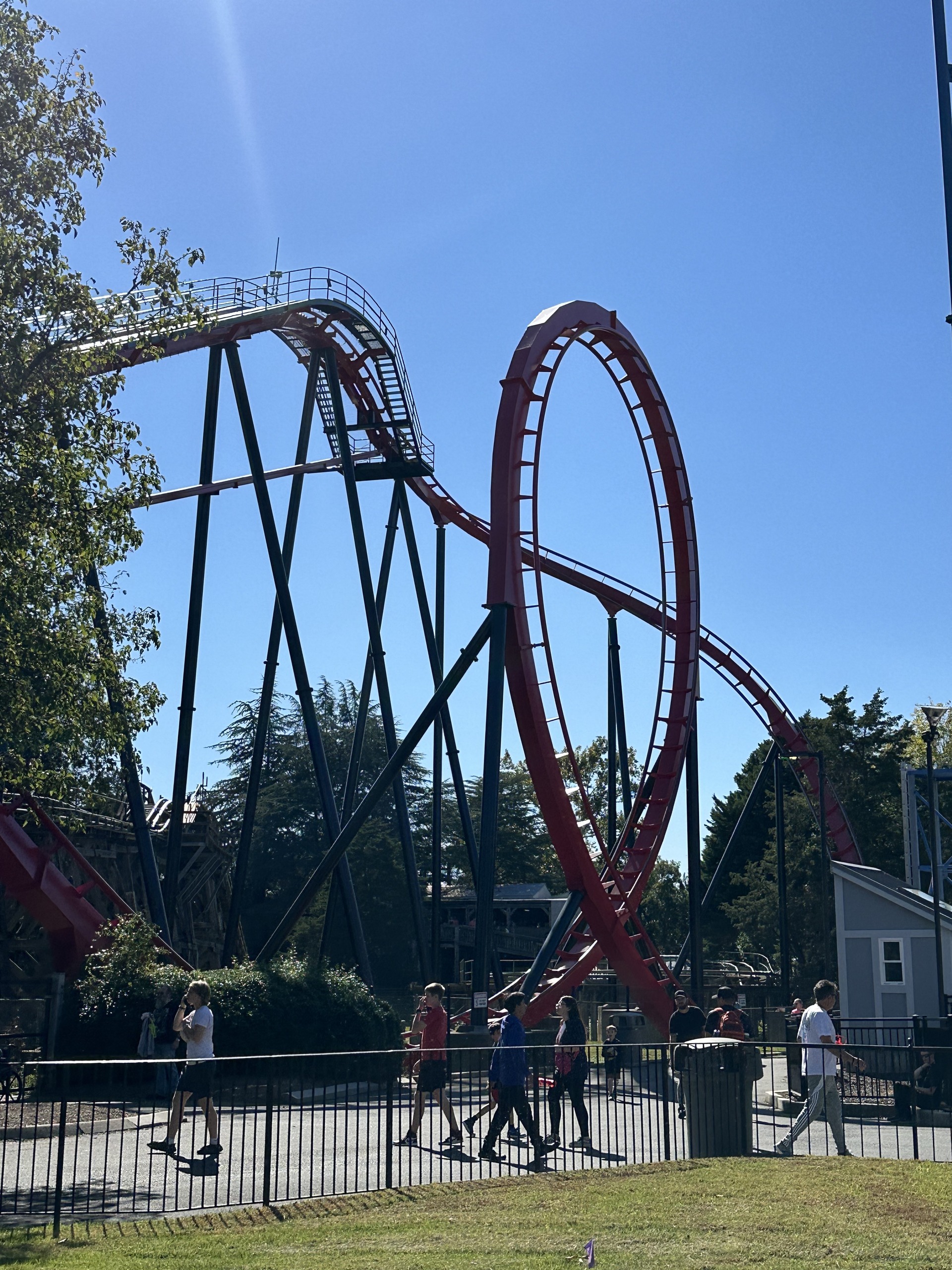 Vortex's red vertical loop and black supports from the path, Carowinds, October 2024