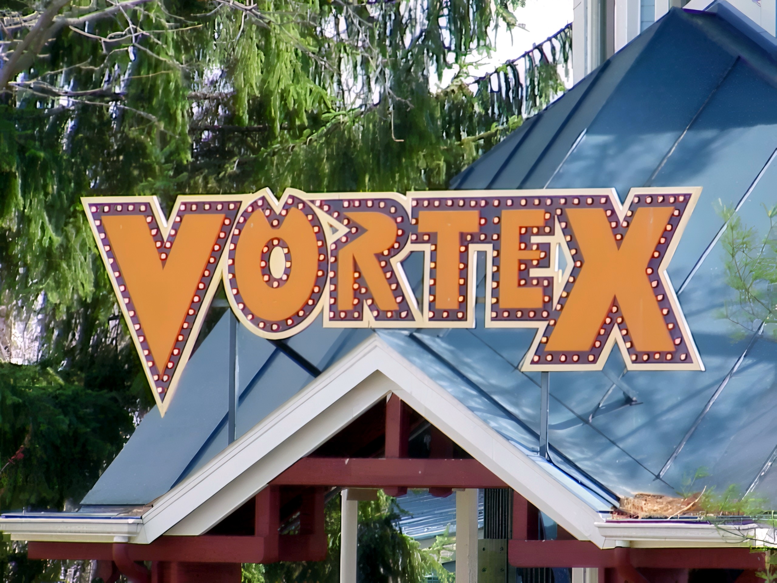 The Vortex marquee sign above the station entrance at Kings Island, April 2001