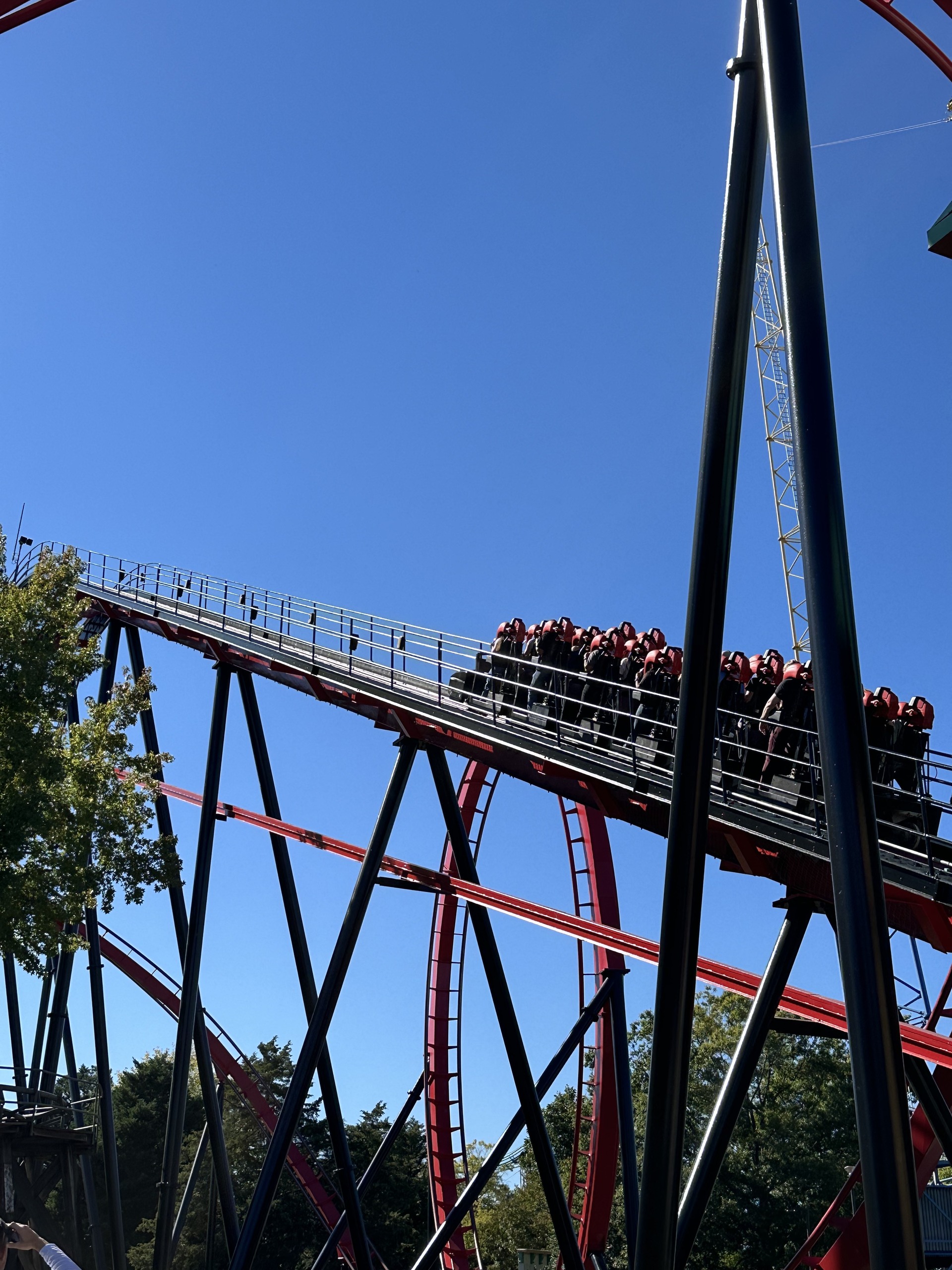Vortex riders standing up on the lift hill, Carowinds, October 2024