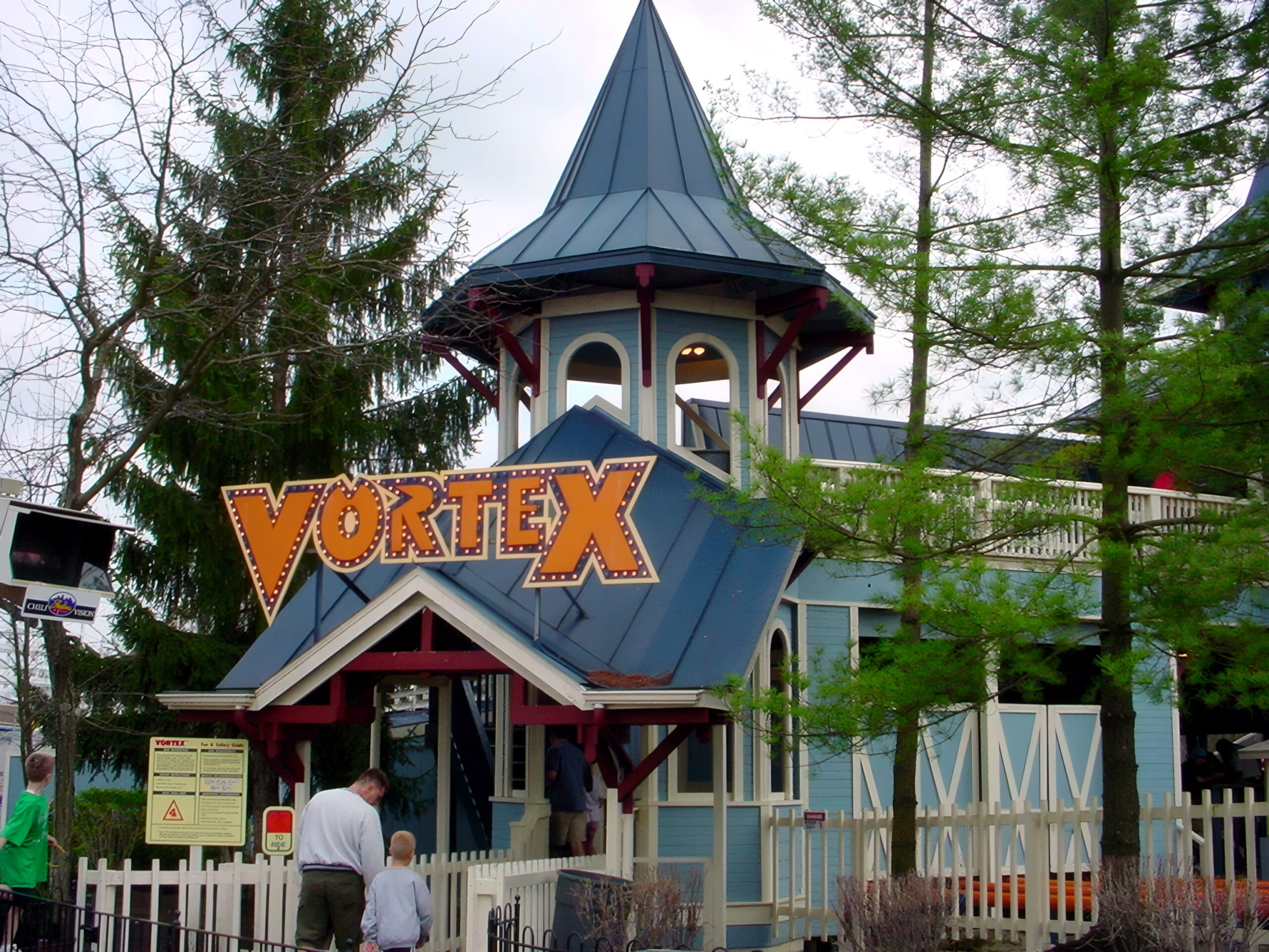 The Vortex station building and marquee at Kings Island, April 2002