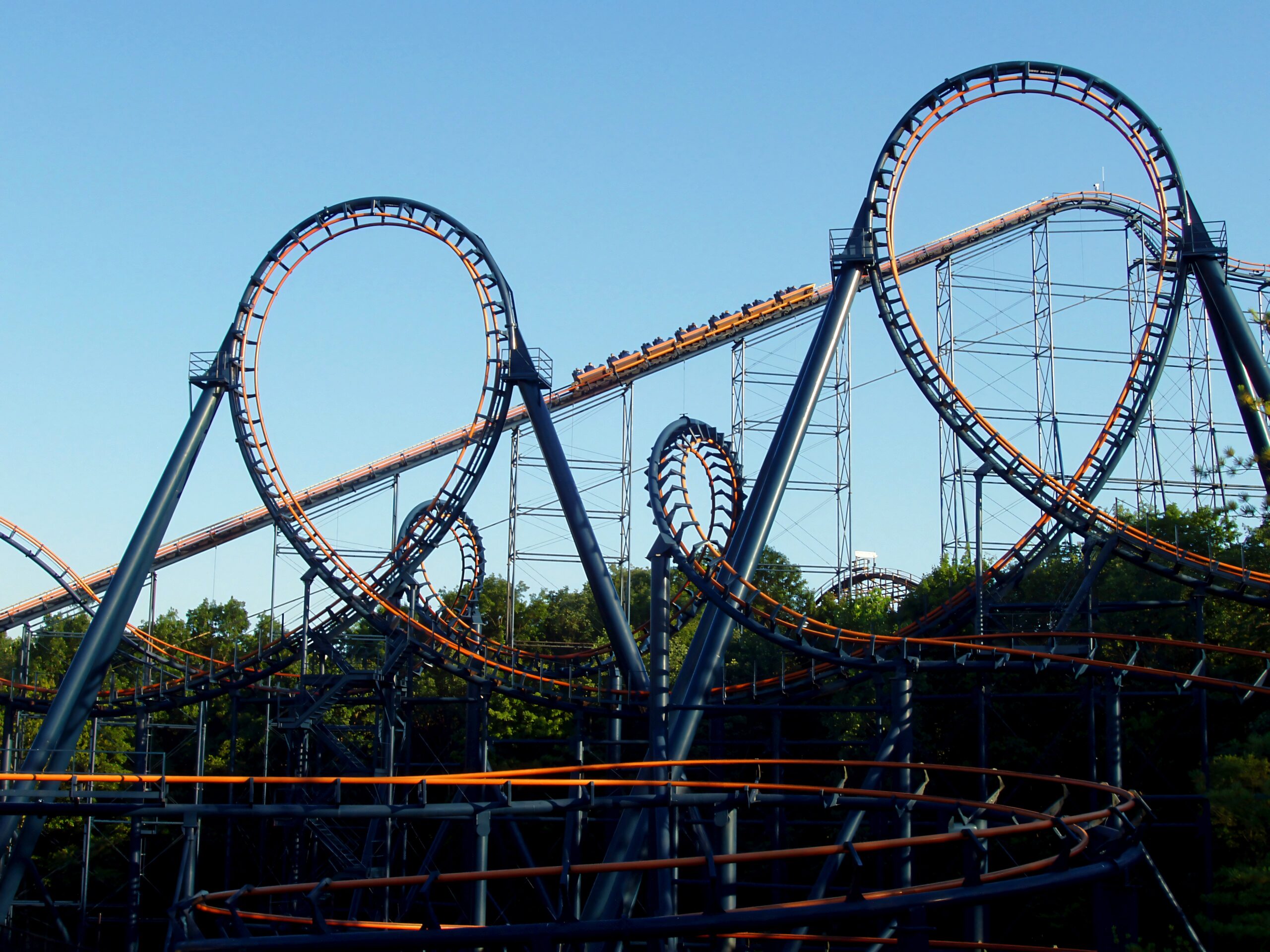 A Vortex train climbing the lift hill between the two vertical loops, July 2005